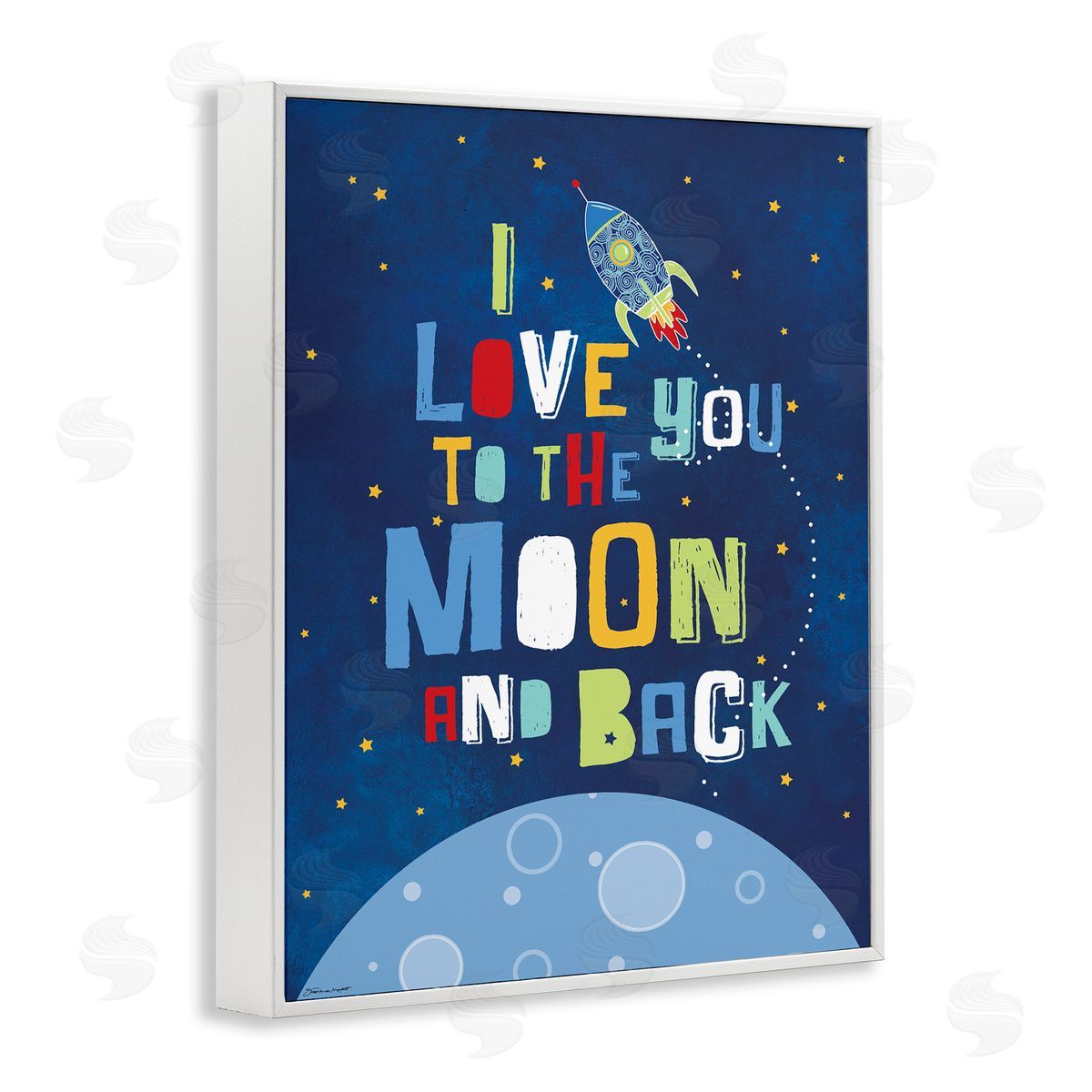 Moon & Back with Rocket Ship White Frame Print Wall Art, Home Decor by Karen Zukowski (Finny And Zook)