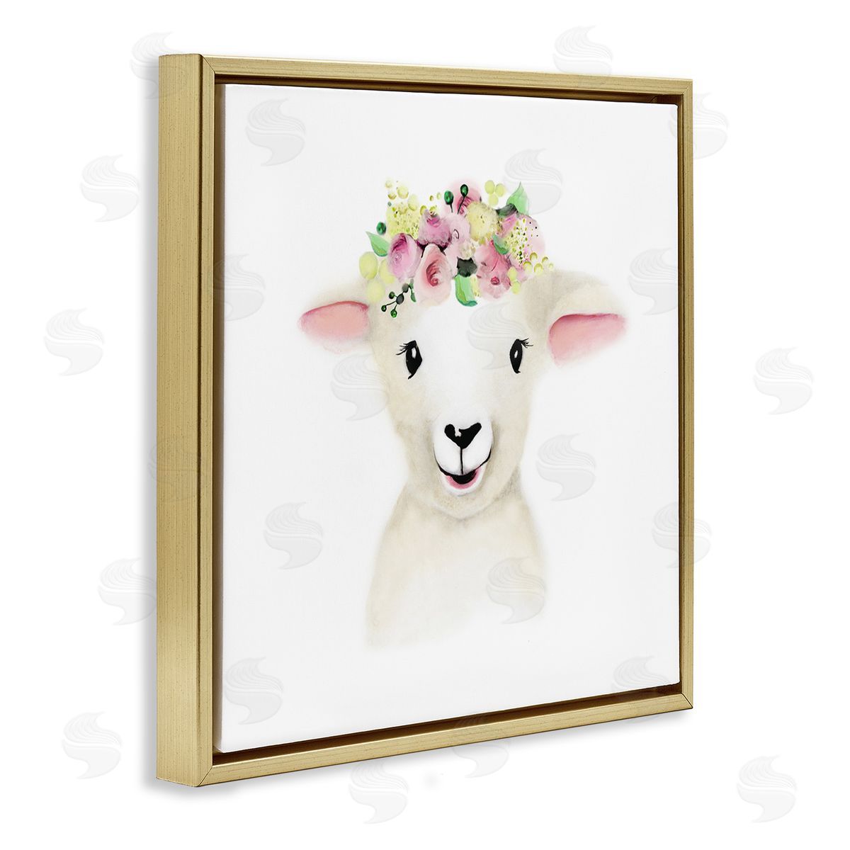 Baby Lamb Sheep Flower Crown Gold Floating Frame Canvas Wall Art, Home Decor by Studio Q