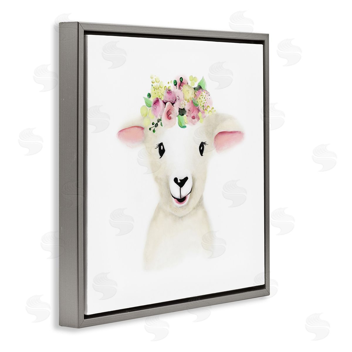 Baby Lamb Sheep Flower Crown Grey Floating Frame Canvas Wall Art, Home Decor by Studio Q