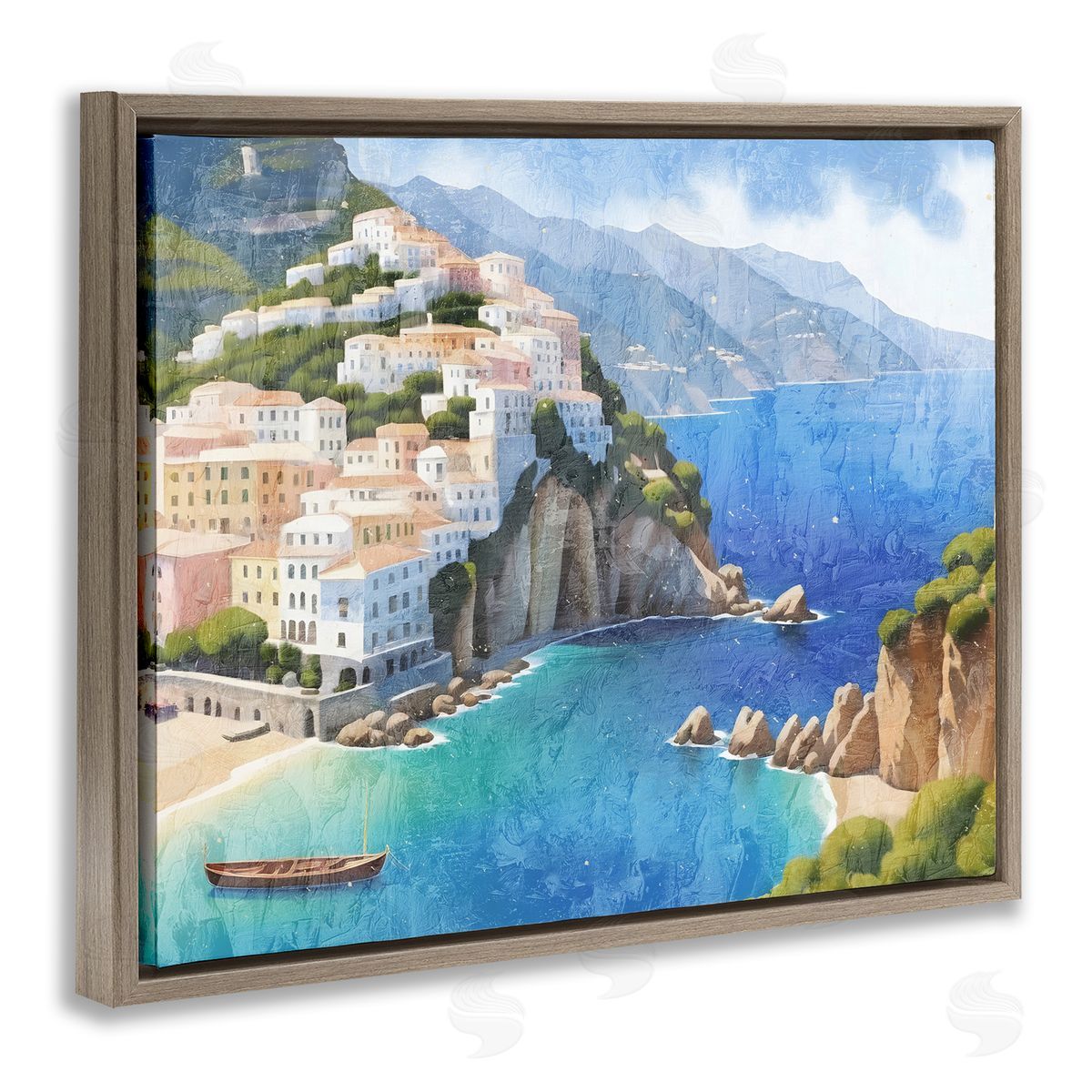 Vibrant Coastal Seascape Brown Floating Frame Canvas Wall Art, Home Decor by Kim Allen
