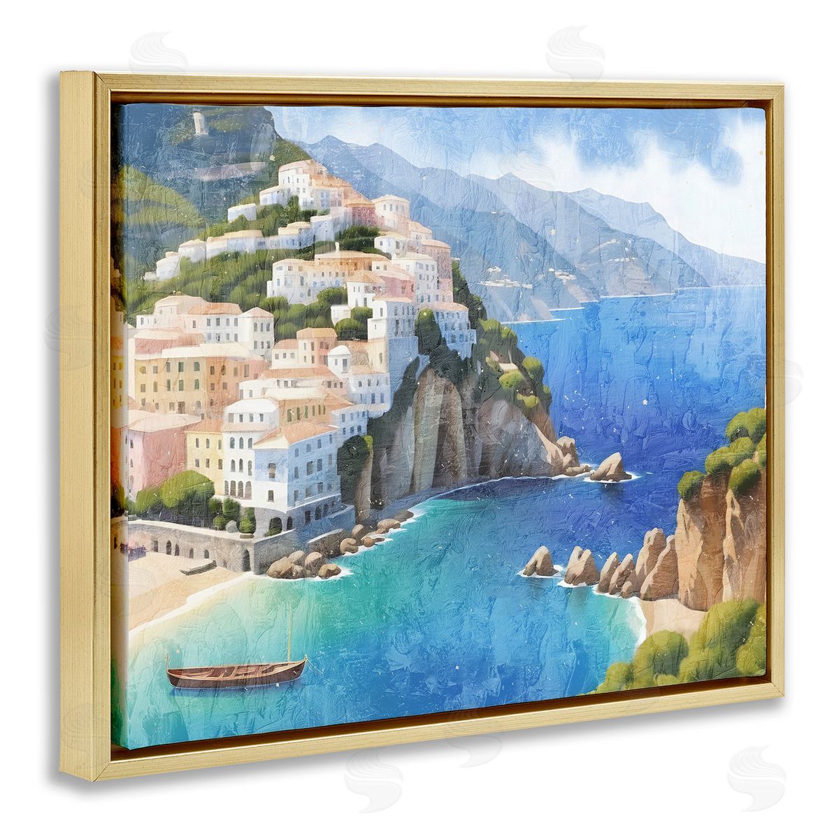 Vibrant Coastal Seascape Gold Floating Frame Canvas Wall Art, Home Decor by Kim Allen