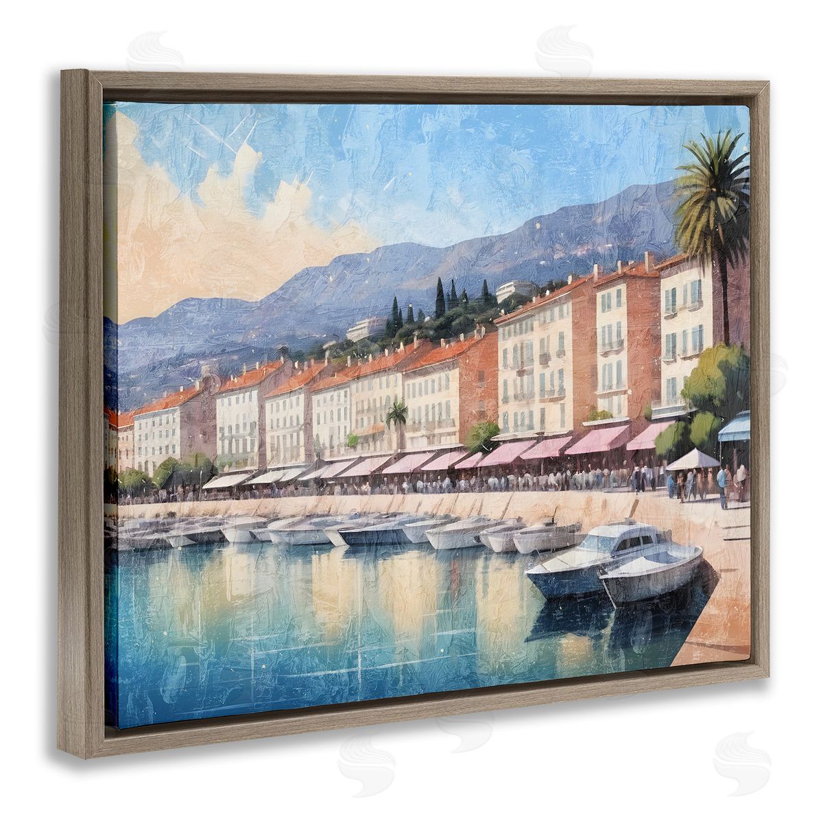 Quaint Seaside Marina Brown Floating Frame Canvas Wall Art, Home Decor by Kim Allen