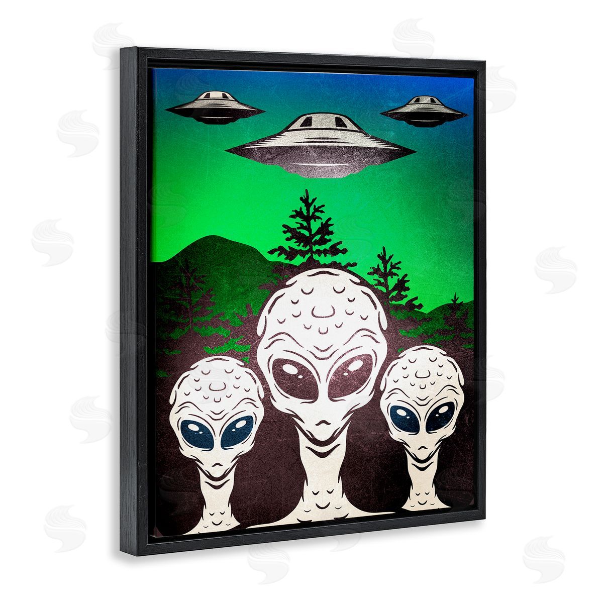 Vintage Aliens & UFO Black Floating Frame Canvas Wall Art, Home Decor by Kim Allen