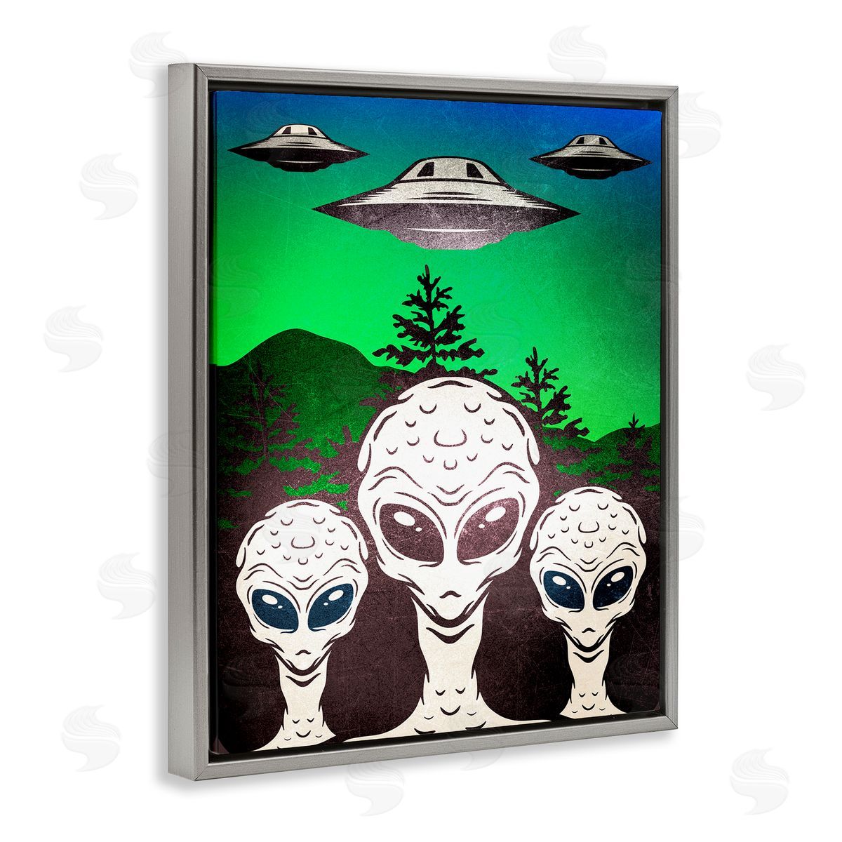 Vintage Aliens & UFO Grey Floating Frame Canvas Wall Art, Home Decor by Kim Allen