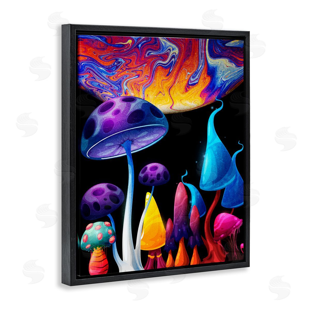 Whimsical Mushrooms in Space Black Floating Frame Canvas Wall Art, Home Decor by Kim Allen