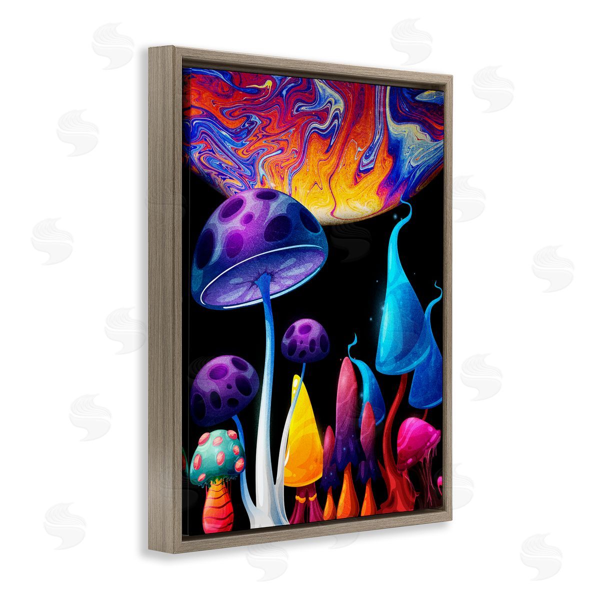 Whimsical Mushrooms in Space Brown Floating Frame Canvas Wall Art, Home Decor by Kim Allen