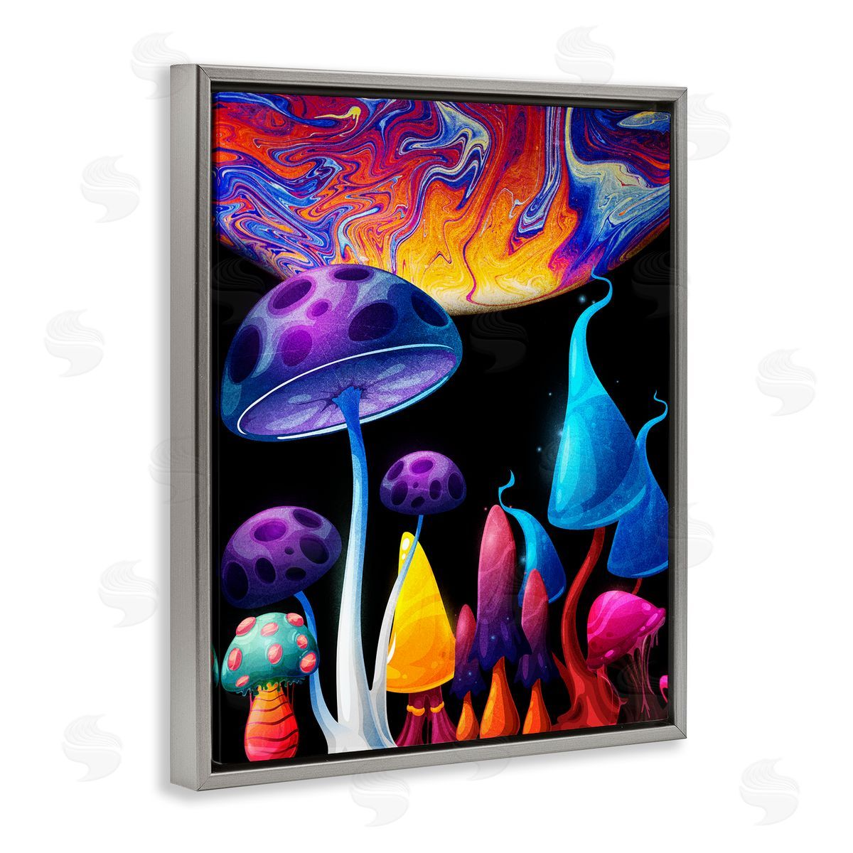 Whimsical Mushrooms in Space Grey Floating Frame Canvas Wall Art, Home Decor by Kim Allen