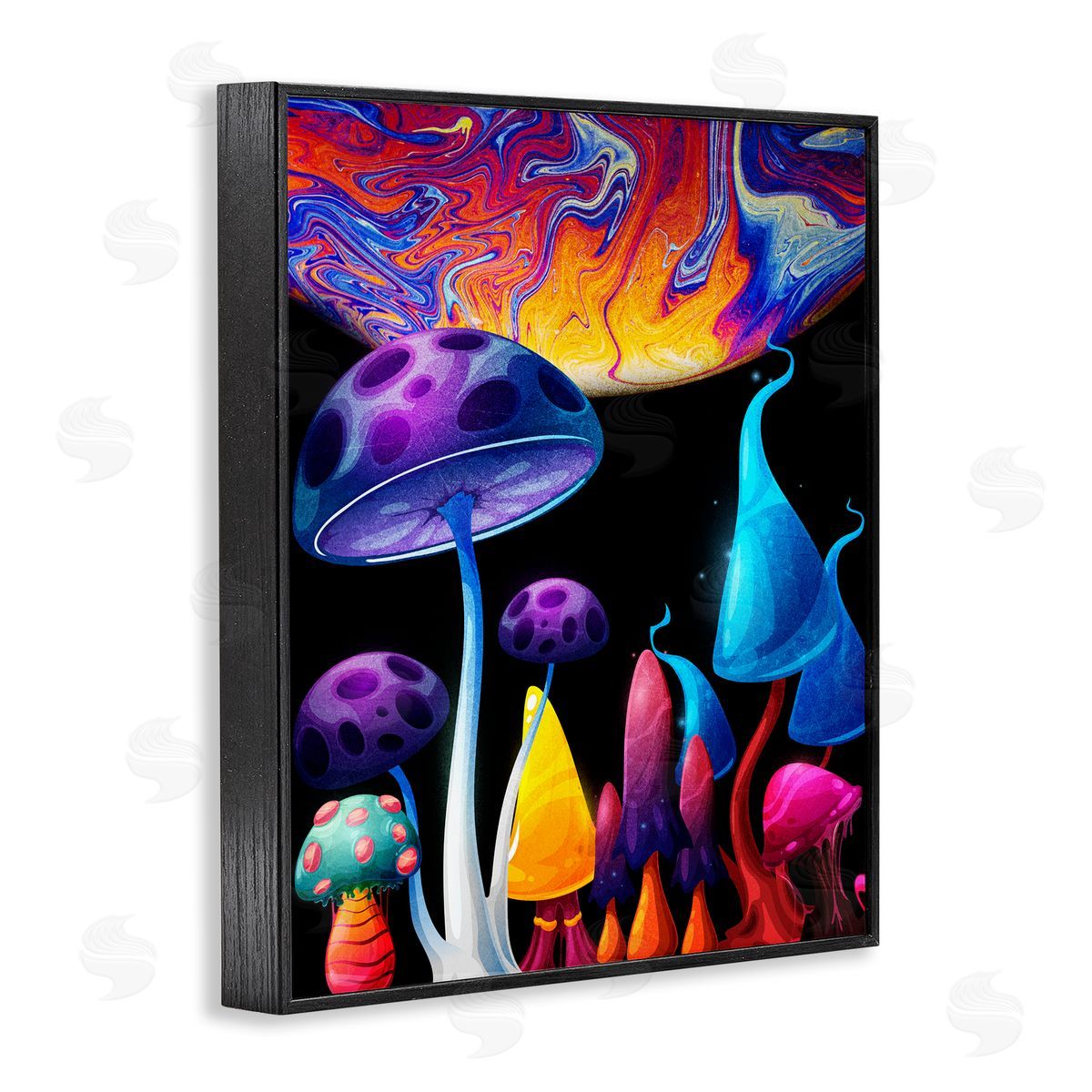 Whimsical Mushrooms in Space Black Frame Print Wall Art, Home Decor by Kim Allen