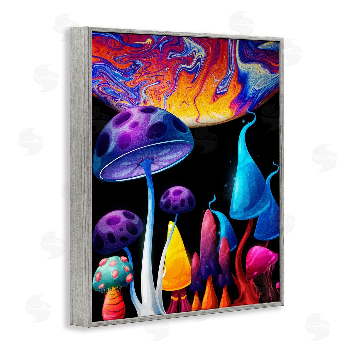 Whimsical Mushrooms in Space Grey Frame Print Wall Art, Home Decor by Kim Allen