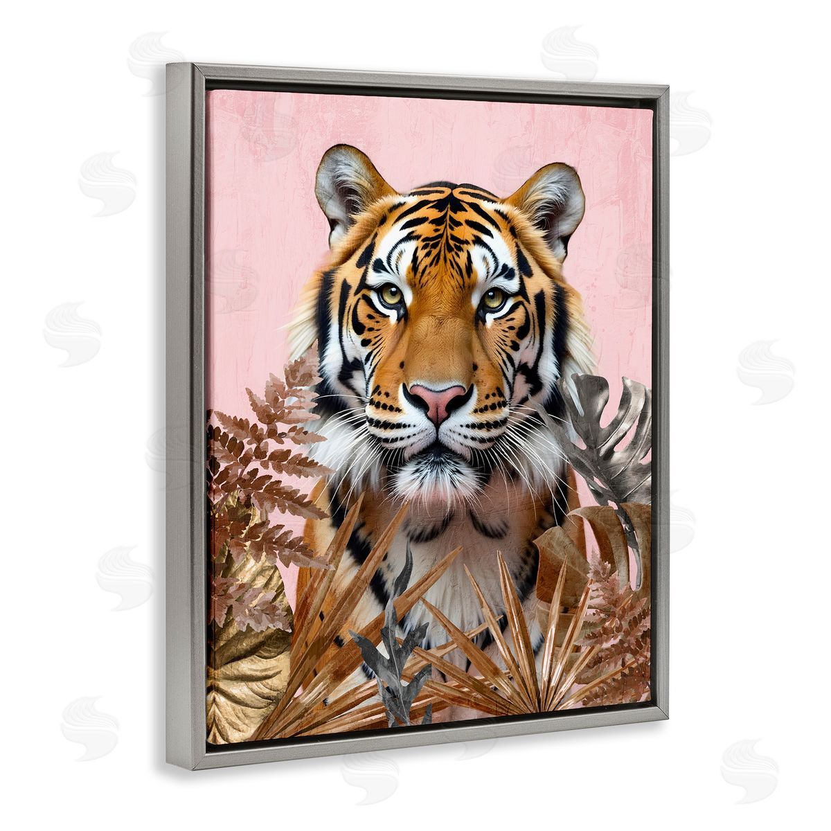 Fierce Tiger on Pink Grey Floating Frame Canvas Wall Art, Home Decor by Kim Allen