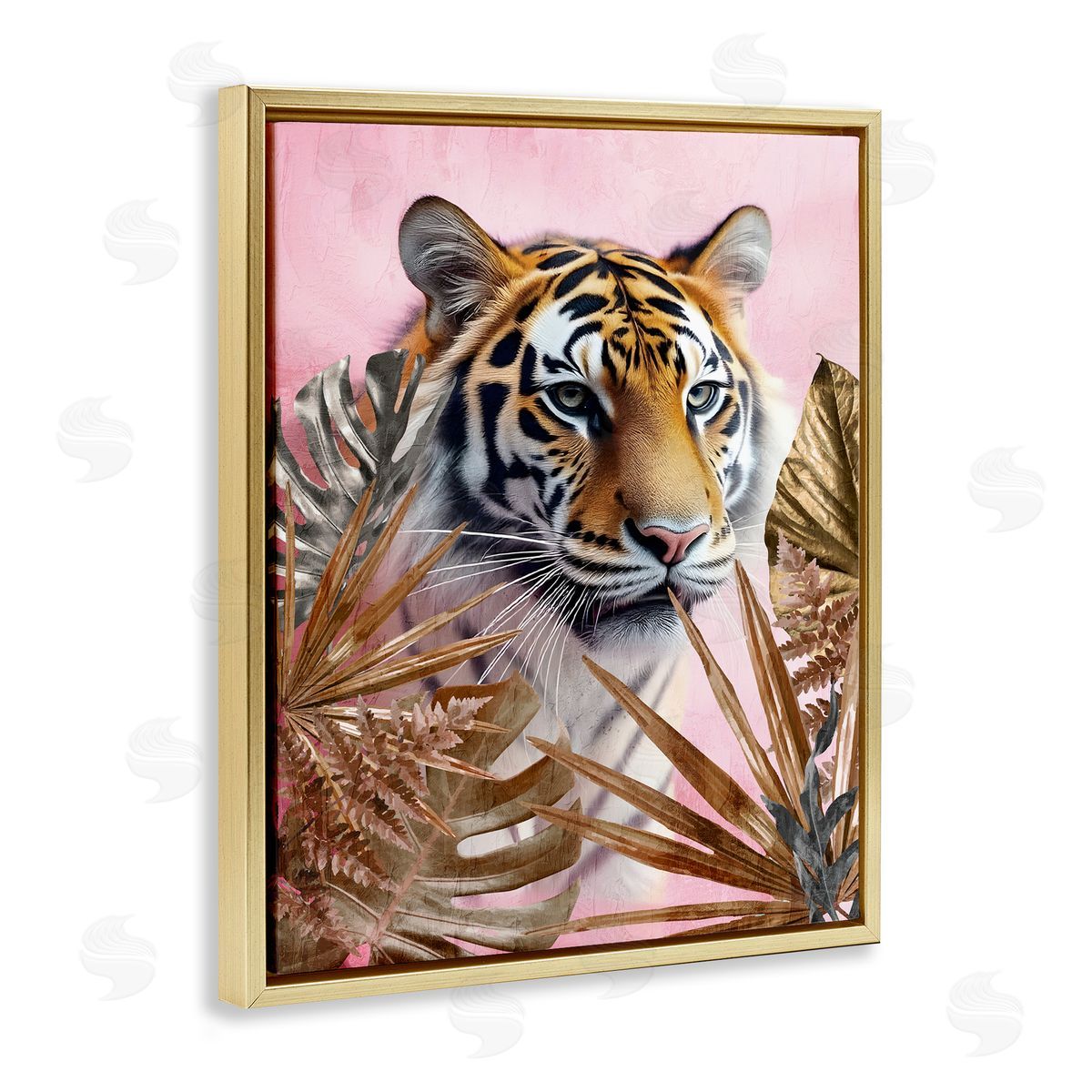 Exotic Tiger with Gold Leaves Gold Floating Frame Canvas Wall Art, Home Decor by Kim Allen
