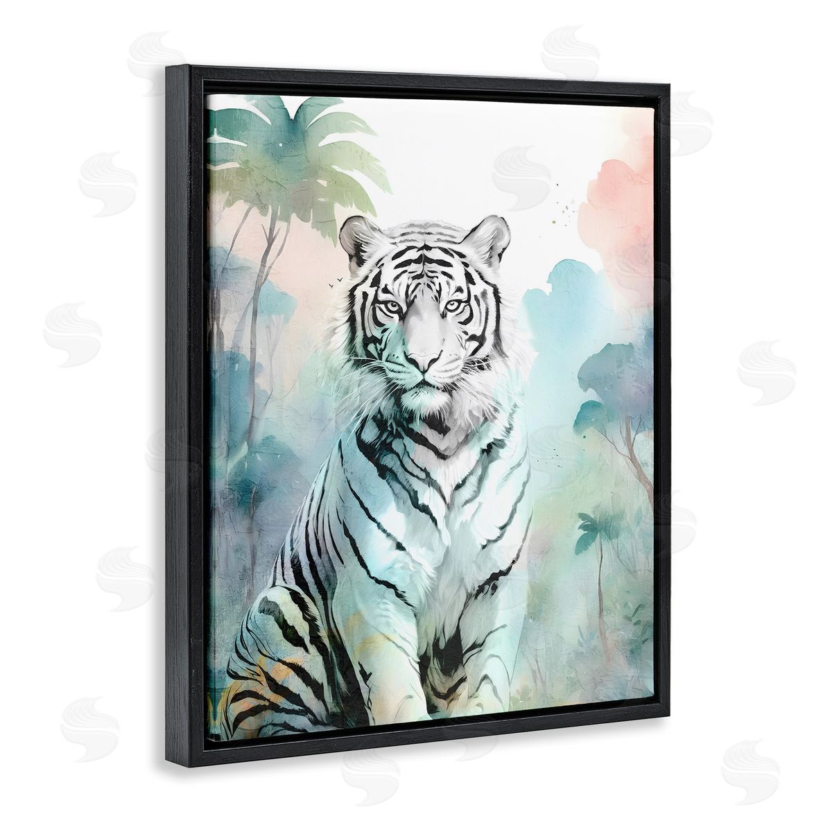 White Tiger in Jungle Black Floating Frame Canvas Wall Art, Home Decor by Kim Allen