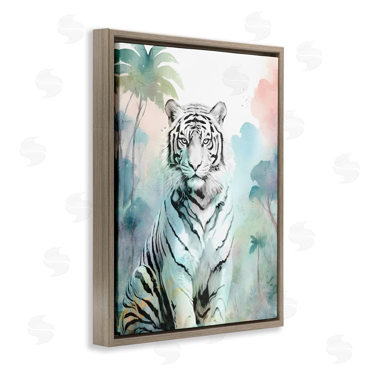 White Tiger in Jungle Brown Floating Frame Canvas Wall Art, Home Decor by Kim Allen