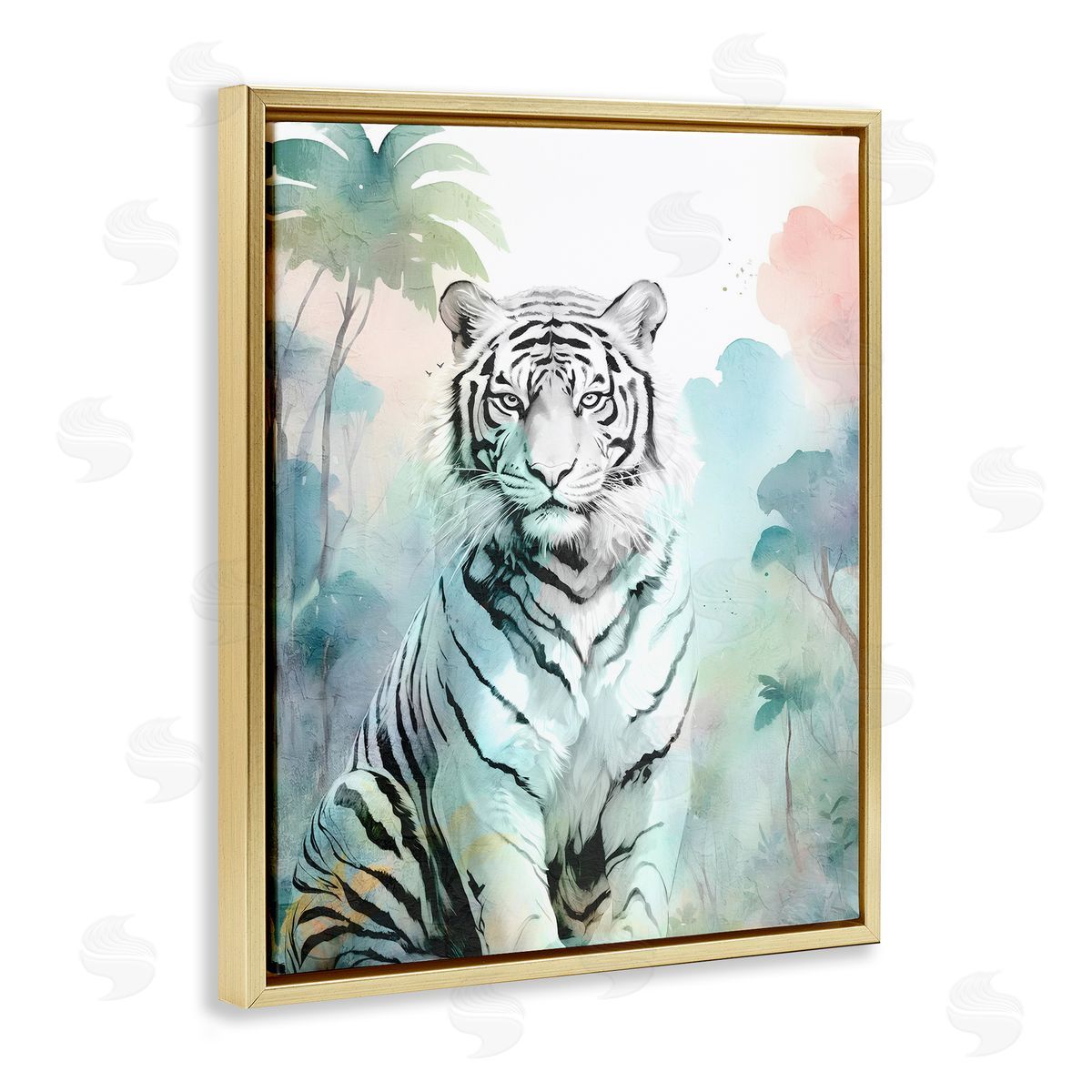 White Tiger in Jungle Gold Floating Frame Canvas Wall Art, Home Decor by Kim Allen