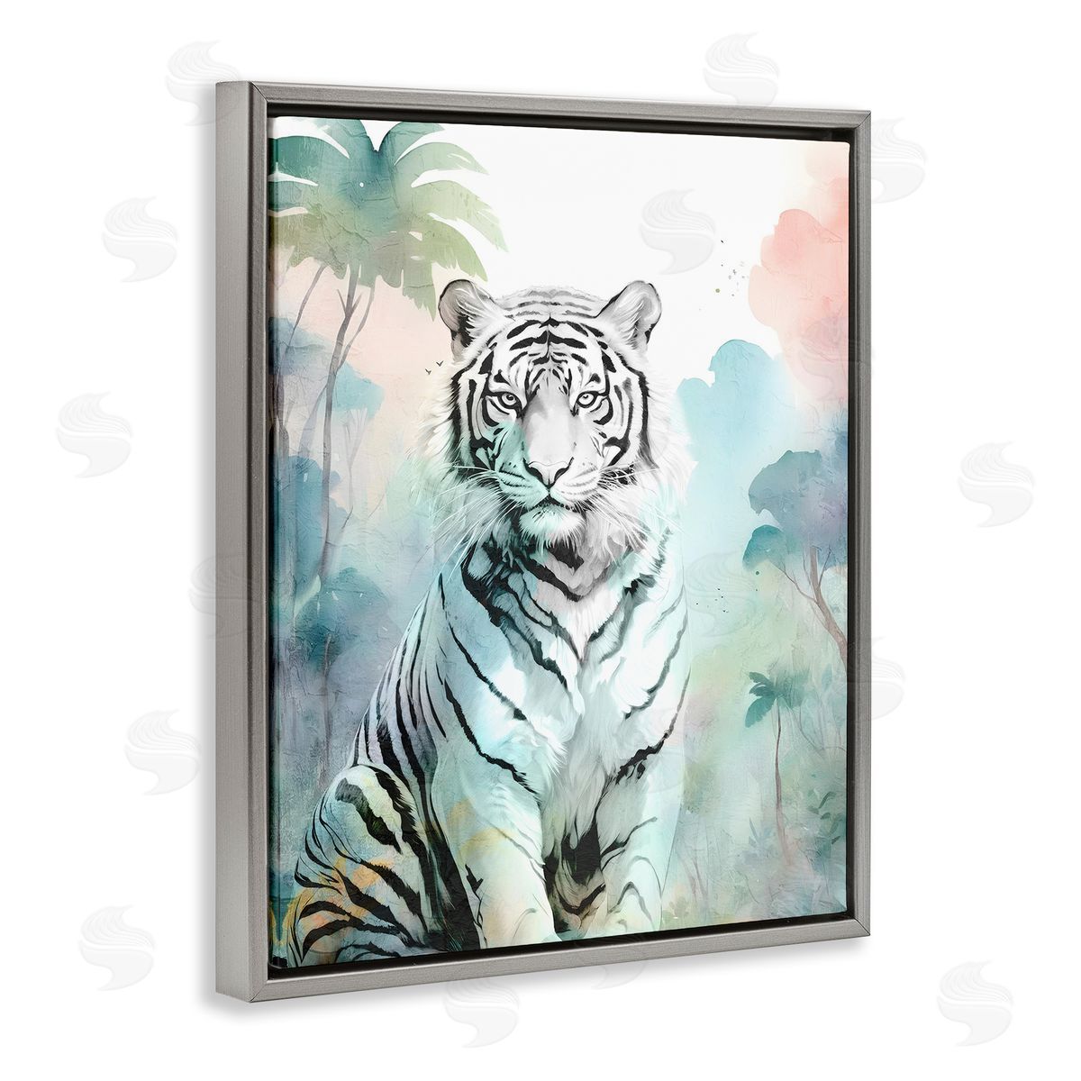 White Tiger in Jungle Grey Floating Frame Canvas Wall Art, Home Decor by Kim Allen
