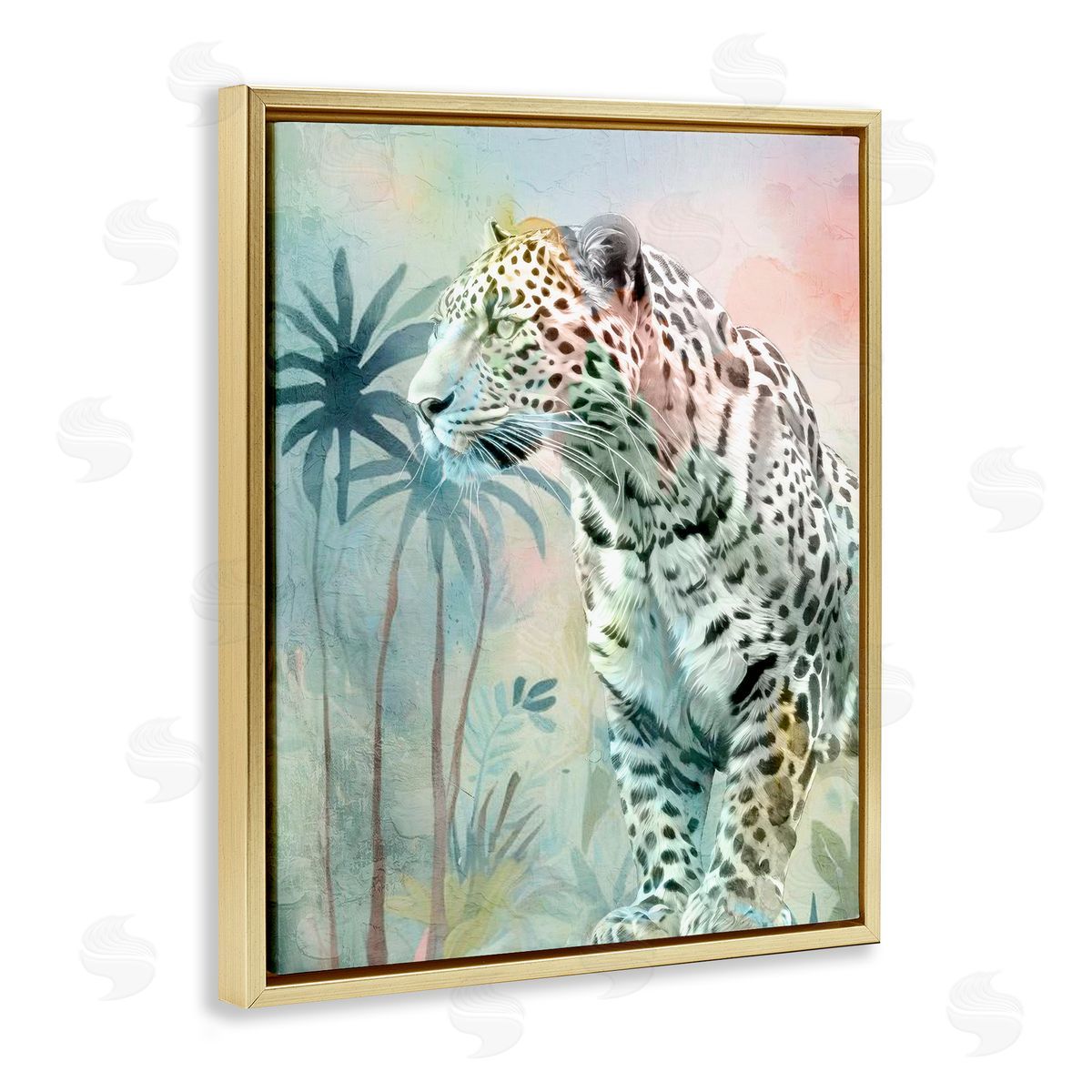 Gazing Jungle Leopard Gold Floating Frame Canvas Wall Art, Home Decor by Kim Allen