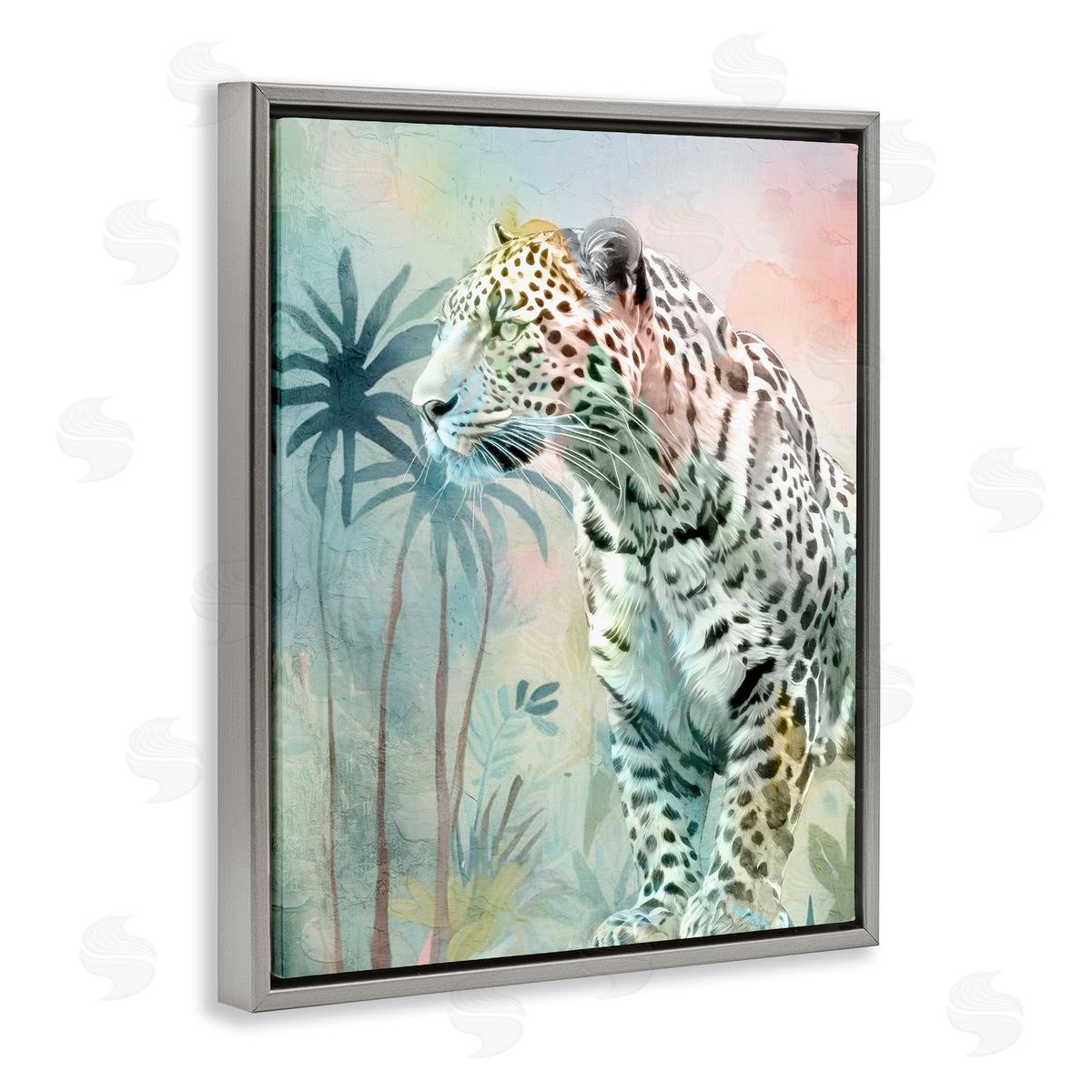 Gazing Jungle Leopard Grey Floating Frame Canvas Wall Art, Home Decor by Kim Allen