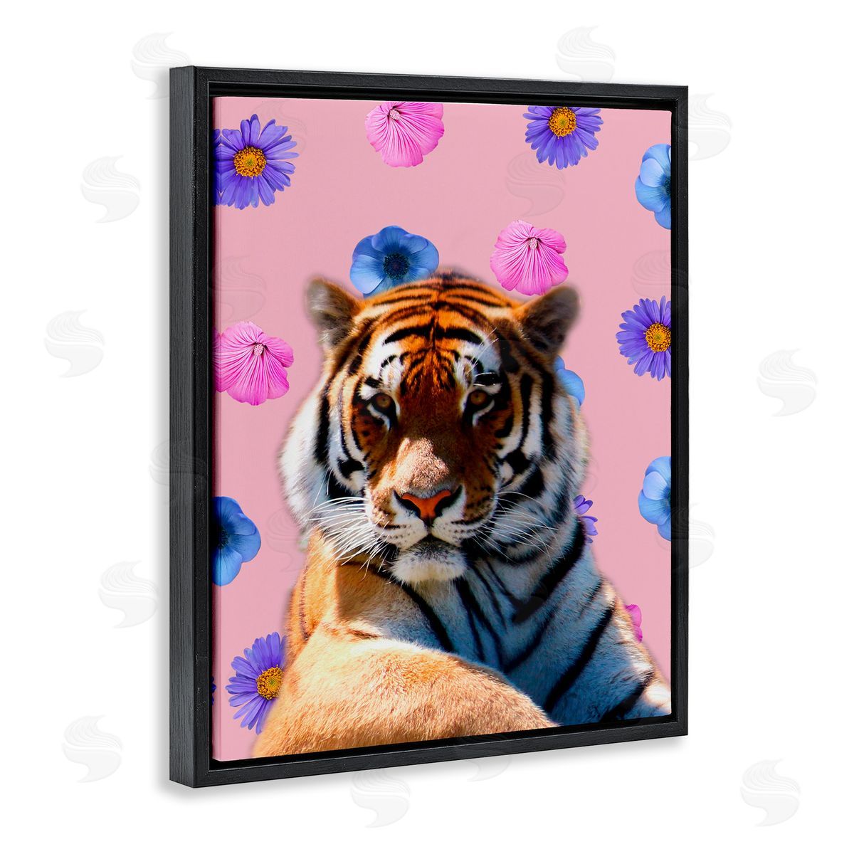 Floral Safari Tiger Black Floating Frame Canvas Wall Art, Home Decor by Marcus Prime