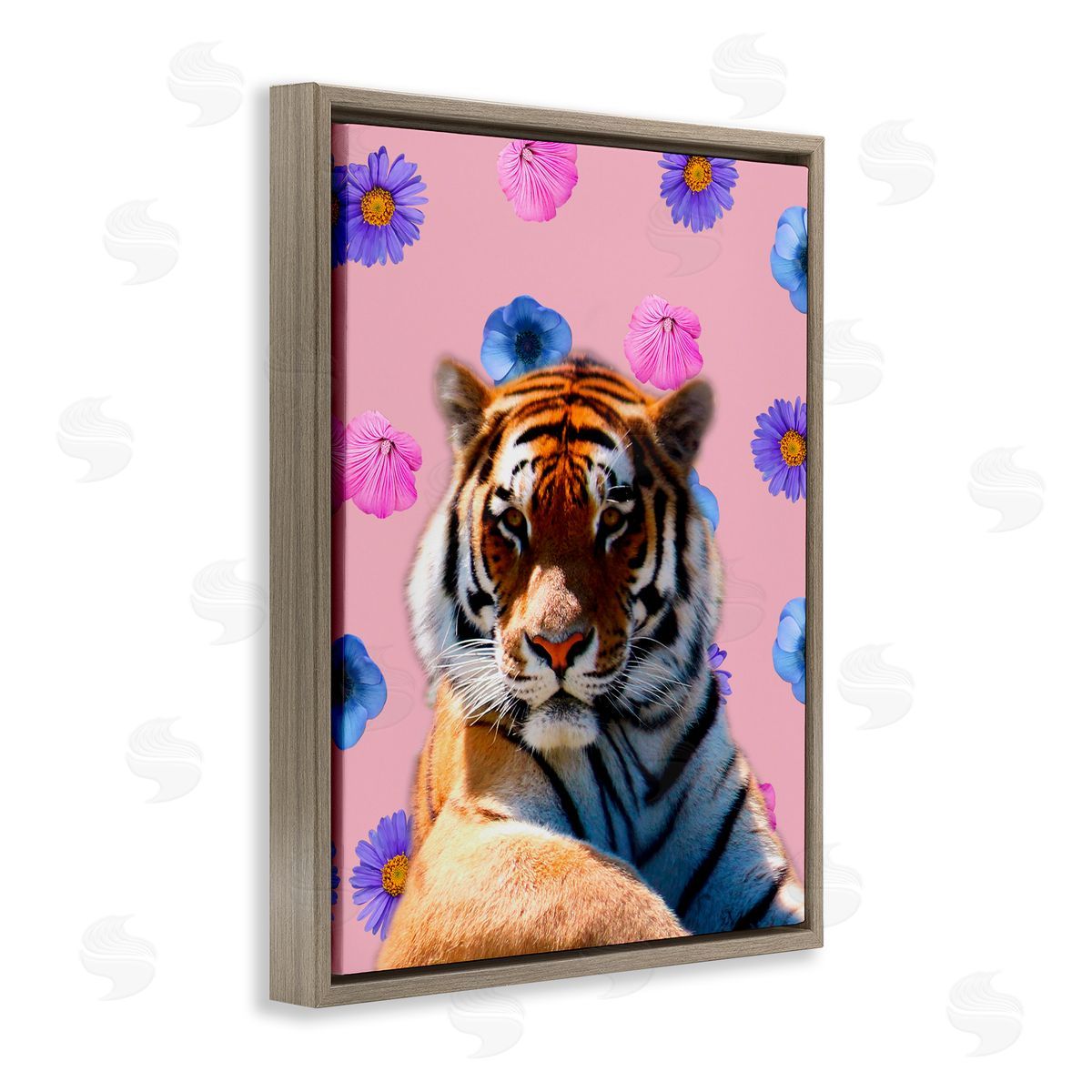 Floral Safari Tiger Brown Floating Frame Canvas Wall Art, Home Decor by Marcus Prime