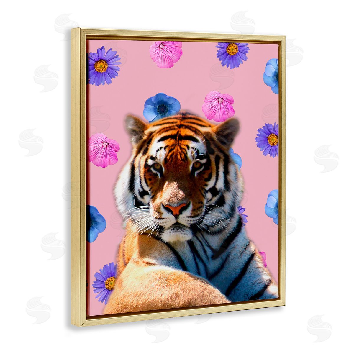 Floral Safari Tiger Gold Floating Frame Canvas Wall Art, Home Decor by Marcus Prime