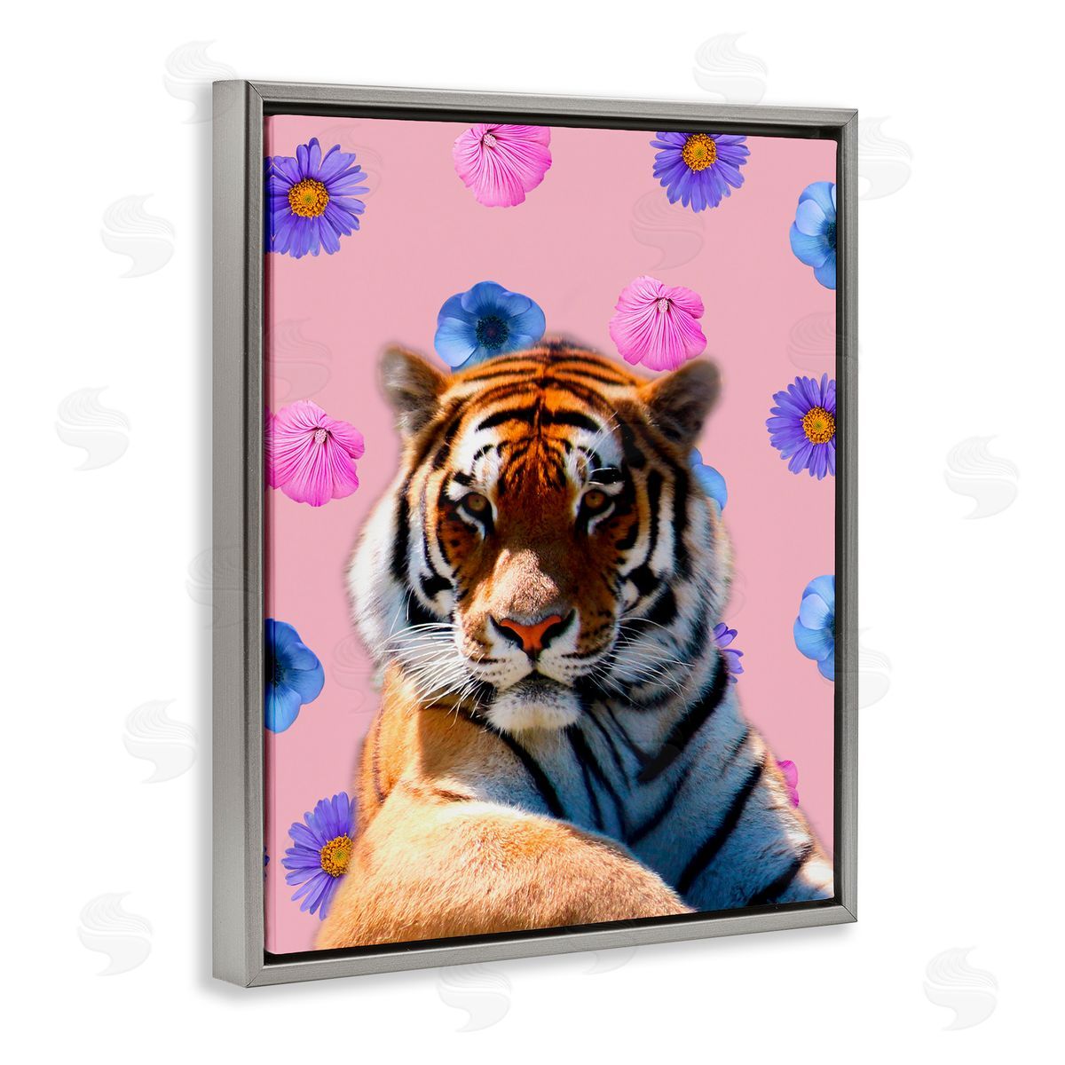 Floral Safari Tiger Grey Floating Frame Canvas Wall Art, Home Decor by Marcus Prime