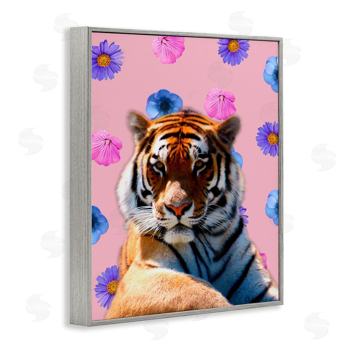 Floral Safari Tiger Grey Frame Print Wall Art, Home Decor by Marcus Prime
