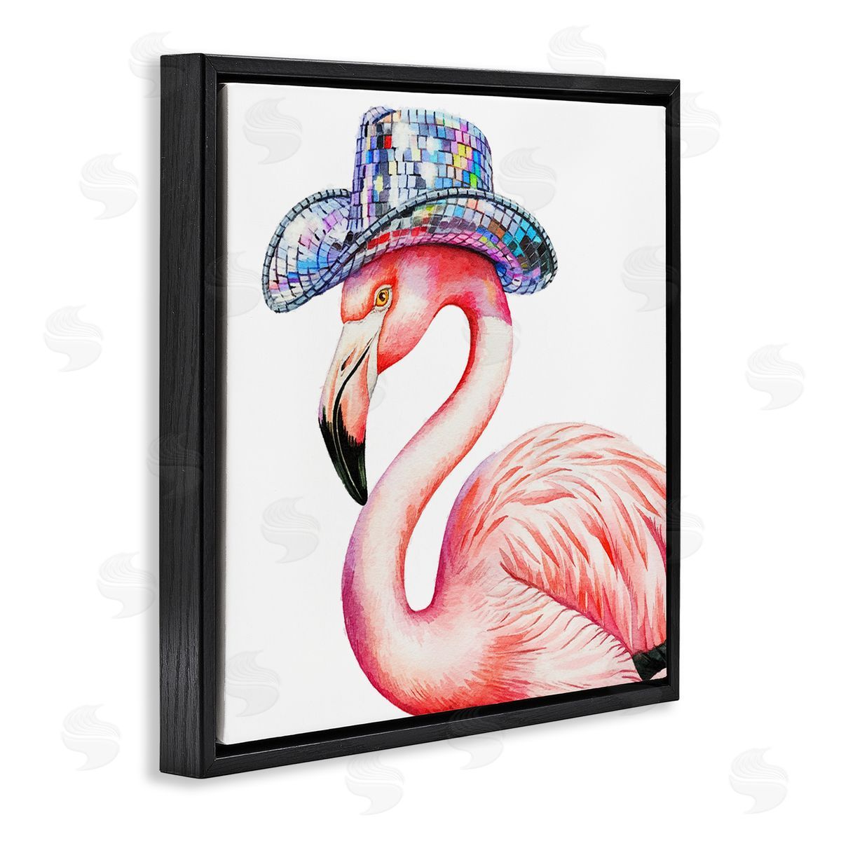 Disco Hat on Flamingo Black Floating Frame Canvas Wall Art, Home Decor by Amanda Greenwood
