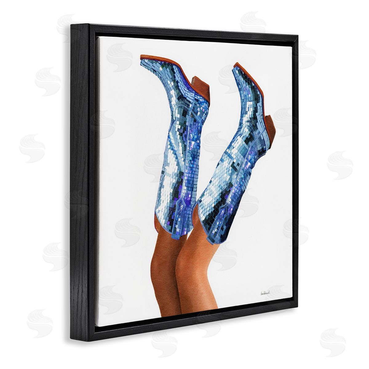 Blue Glam Cowgirl Boots Black Floating Frame Canvas Wall Art, Home Decor by Amanda Greenwood