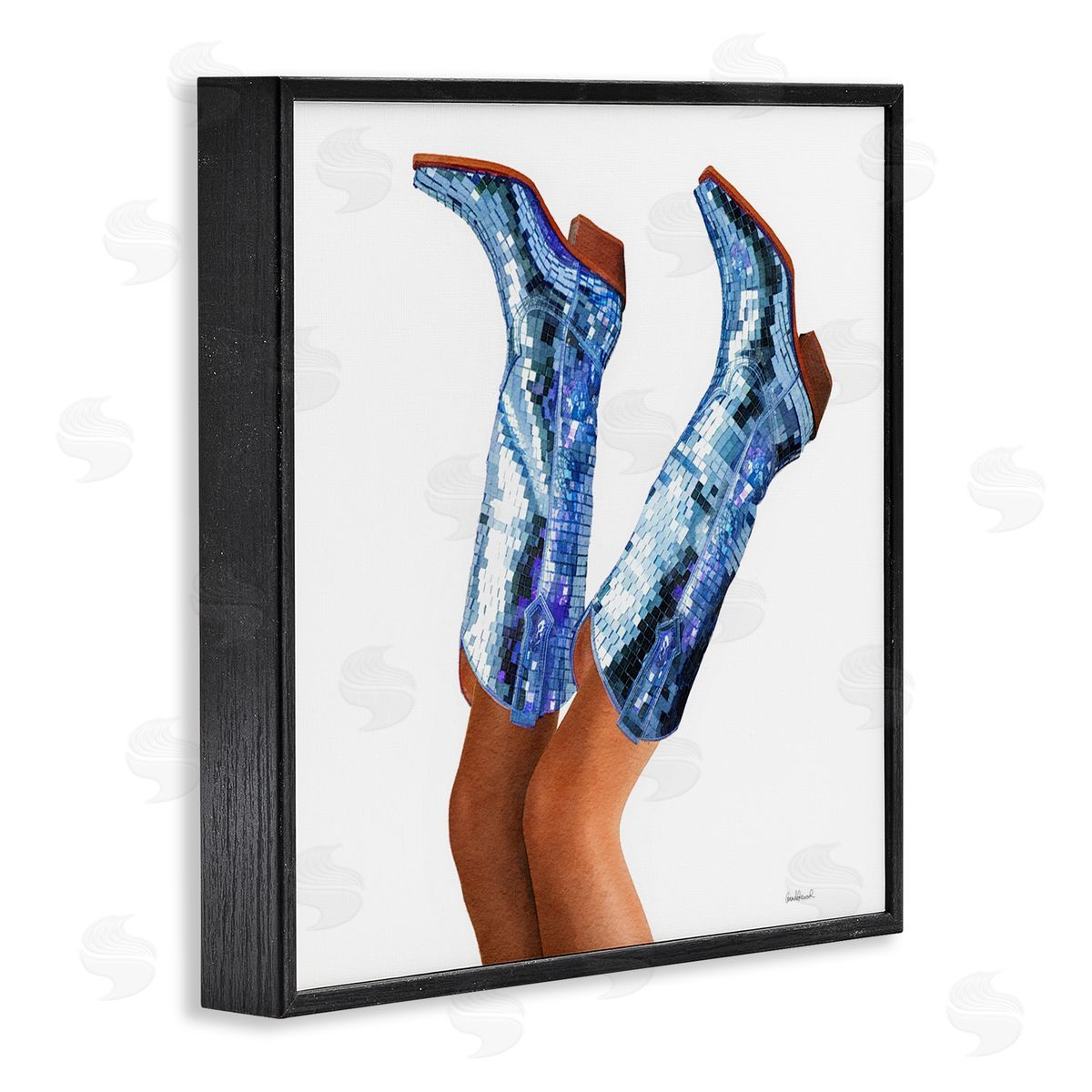 Blue Glam Cowgirl Boots Black Frame Print Wall Art, Home Decor by Amanda Greenwood