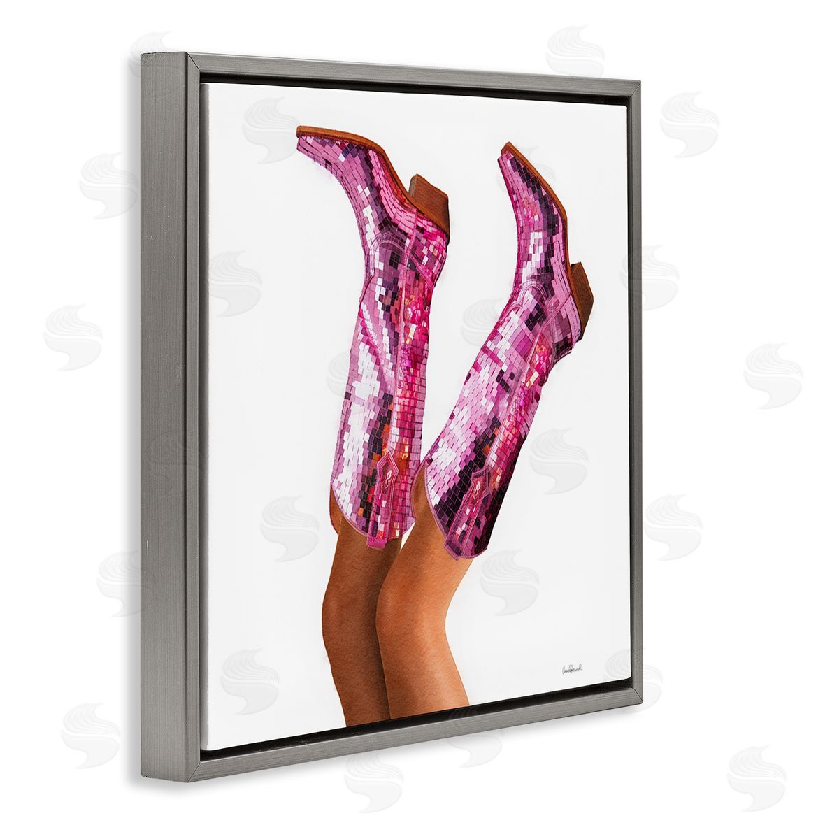 Pink Glam Cowgirl Boots Grey Floating Frame Canvas Wall Art, Home Decor by Amanda Greenwood