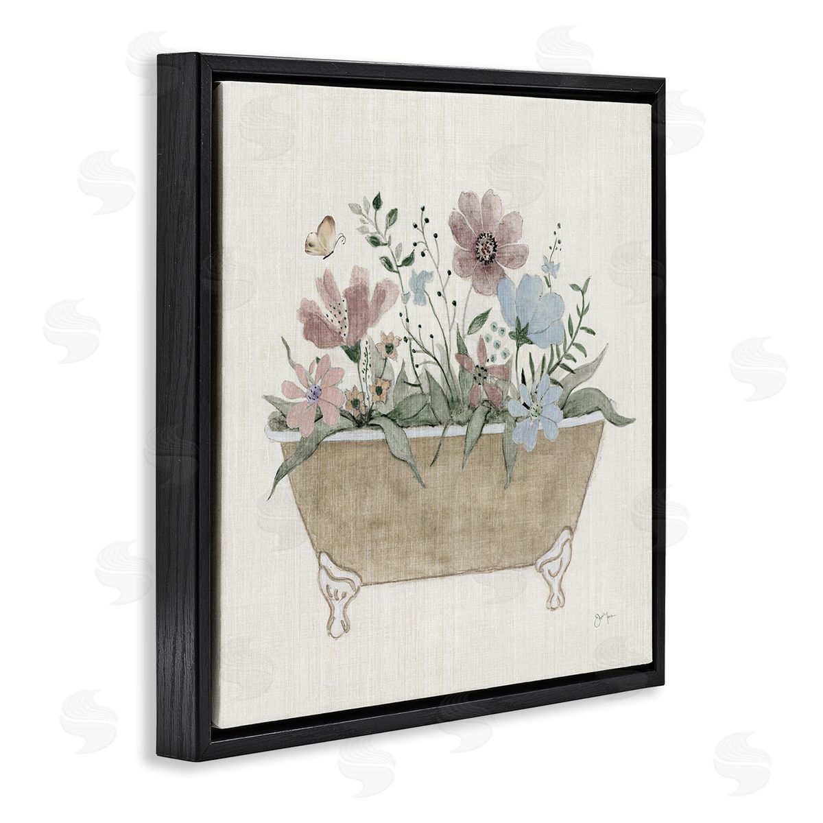Cottage Florals in Bathtub Black Floating Frame Canvas Wall Art, Home Decor by Janet Tava