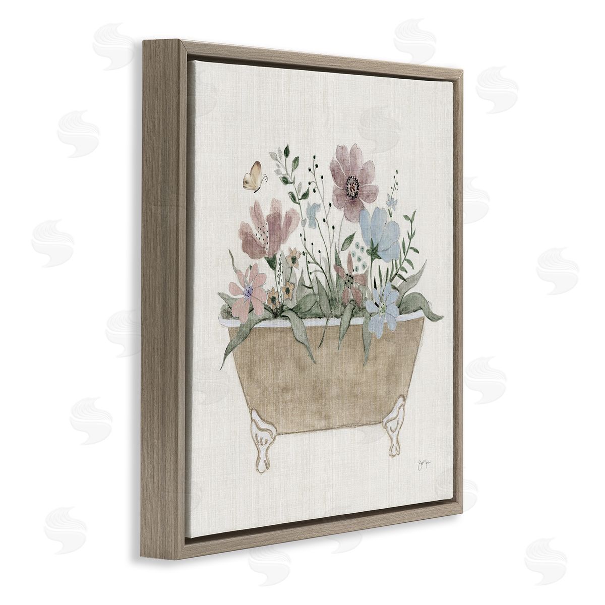 Cottage Florals in Bathtub Brown Floating Frame Canvas Wall Art, Home Decor by Janet Tava