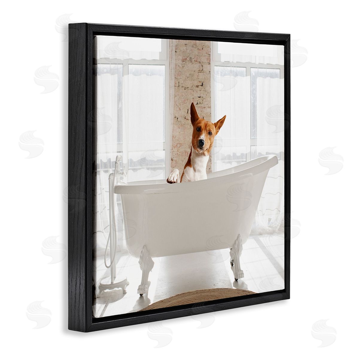 Happy Dog in Bathroom Tub Black Floating Frame Canvas Wall Art, Home Decor by CAD Designs