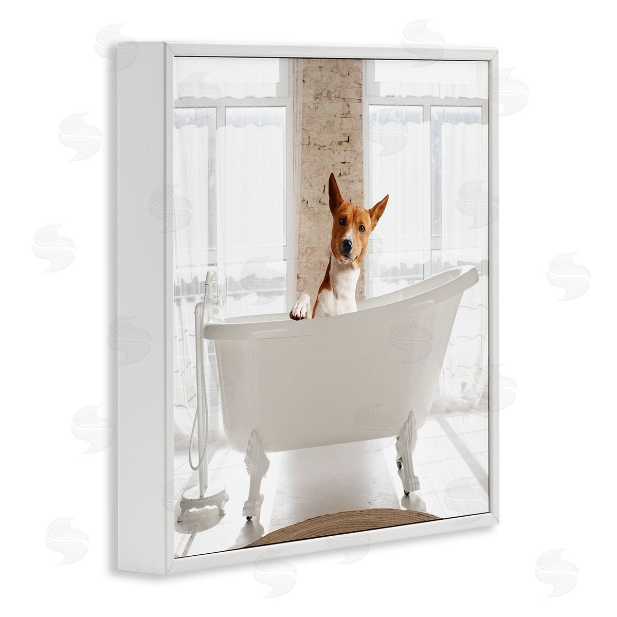 Happy Dog in Bathroom Tub White Frame Print Wall Art, Home Decor by CAD Designs