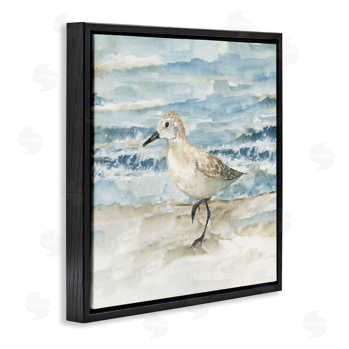 Balancing Sandpiper on Shore Black Floating Frame Canvas Wall Art, Home Decor by Nan