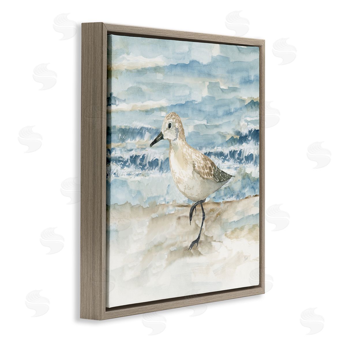 Balancing Sandpiper on Shore Brown Floating Frame Canvas Wall Art, Home Decor by Nan