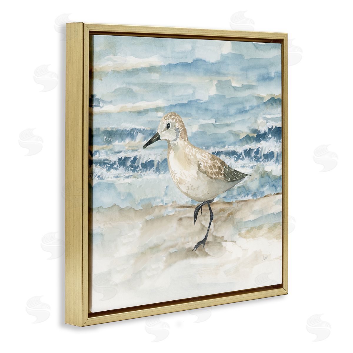Balancing Sandpiper on Shore Gold Floating Frame Canvas Wall Art, Home Decor by Nan