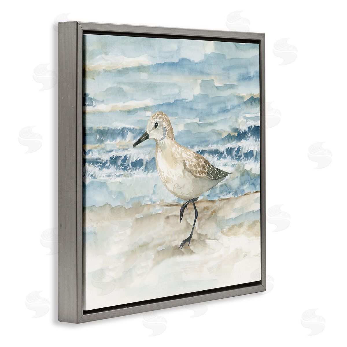 Balancing Sandpiper on Shore Grey Floating Frame Canvas Wall Art, Home Decor by Nan