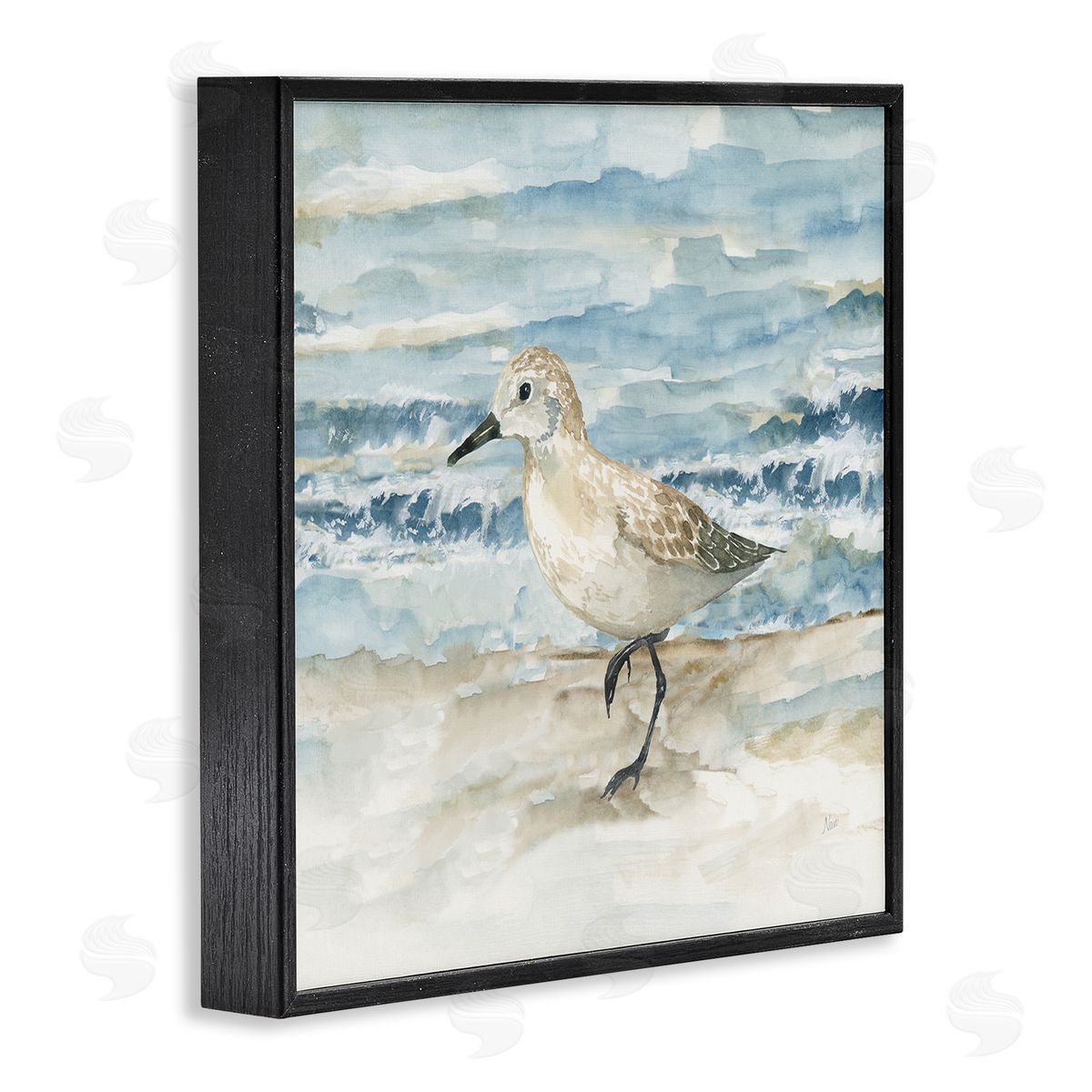 Balancing Sandpiper on Shore Black Frame Print Wall Art, Home Decor by Nan