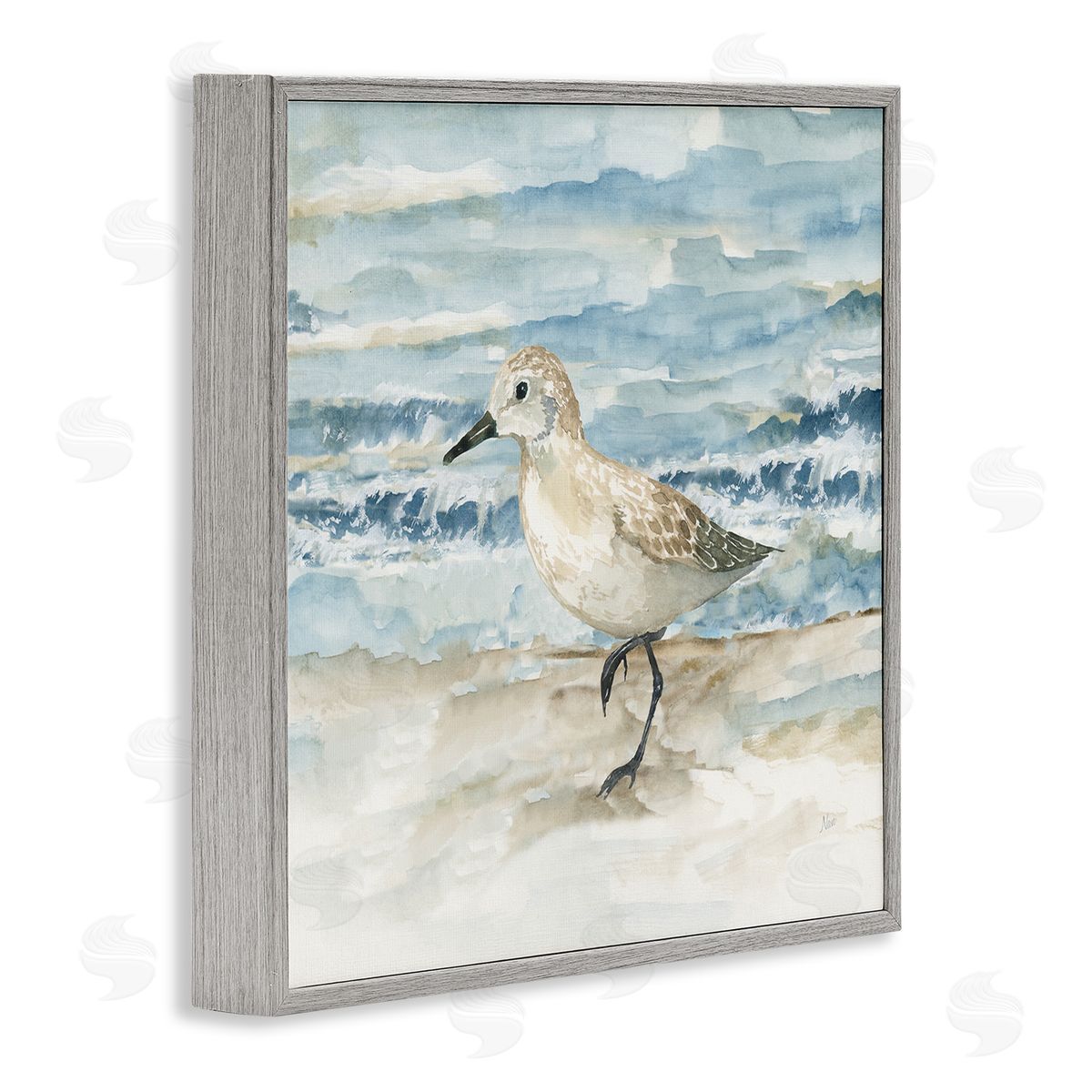 Balancing Sandpiper on Shore Grey Frame Print Wall Art, Home Decor by Nan