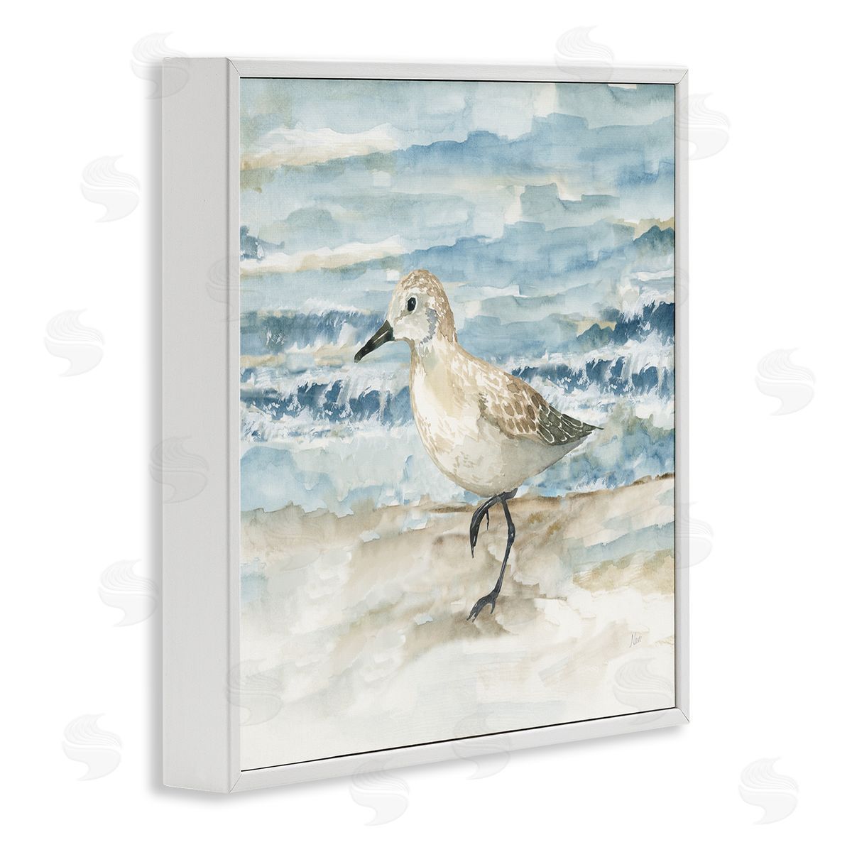 Balancing Sandpiper on Shore White Frame Print Wall Art, Home Decor by Nan