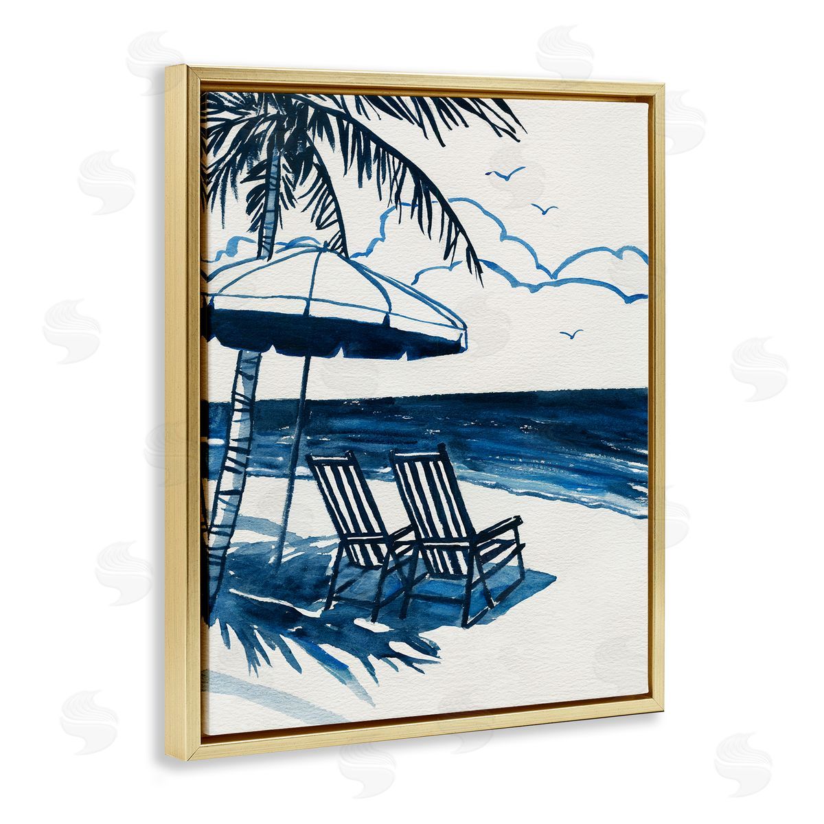 Blue Toned Tropical Beach Scene Gold Floating Frame Canvas Wall Art, Home Decor by Carol Robinson