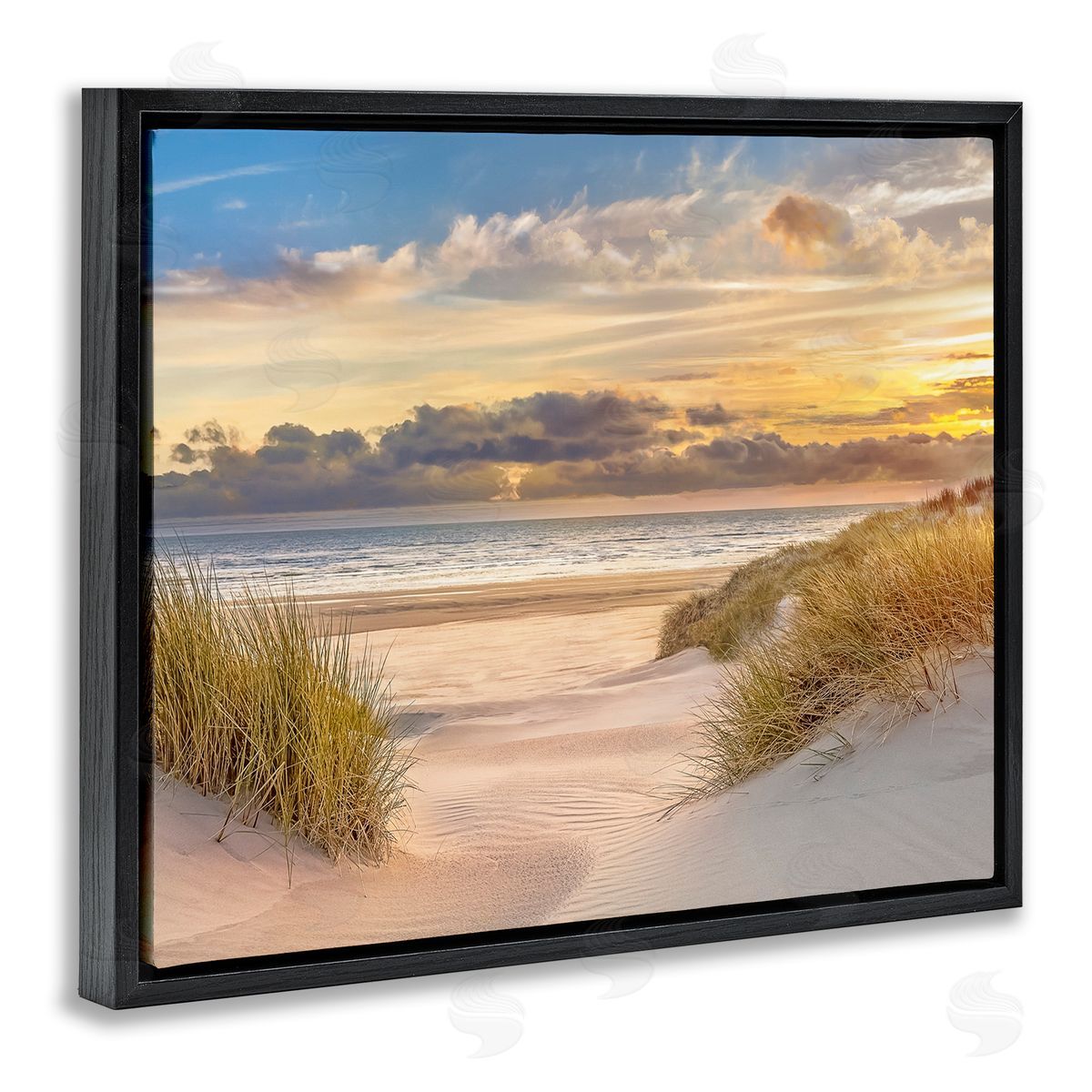 Serene Beach Between Dunes Black Floating Frame Canvas Wall Art, Home Decor by Mike Calascibetta