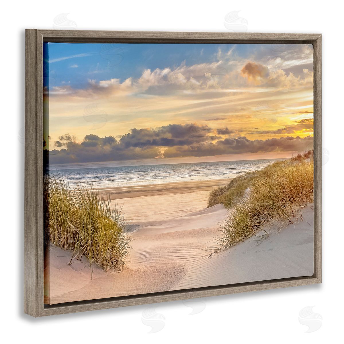 Serene Beach Between Dunes Brown Floating Frame Canvas Wall Art, Home Decor by Mike Calascibetta