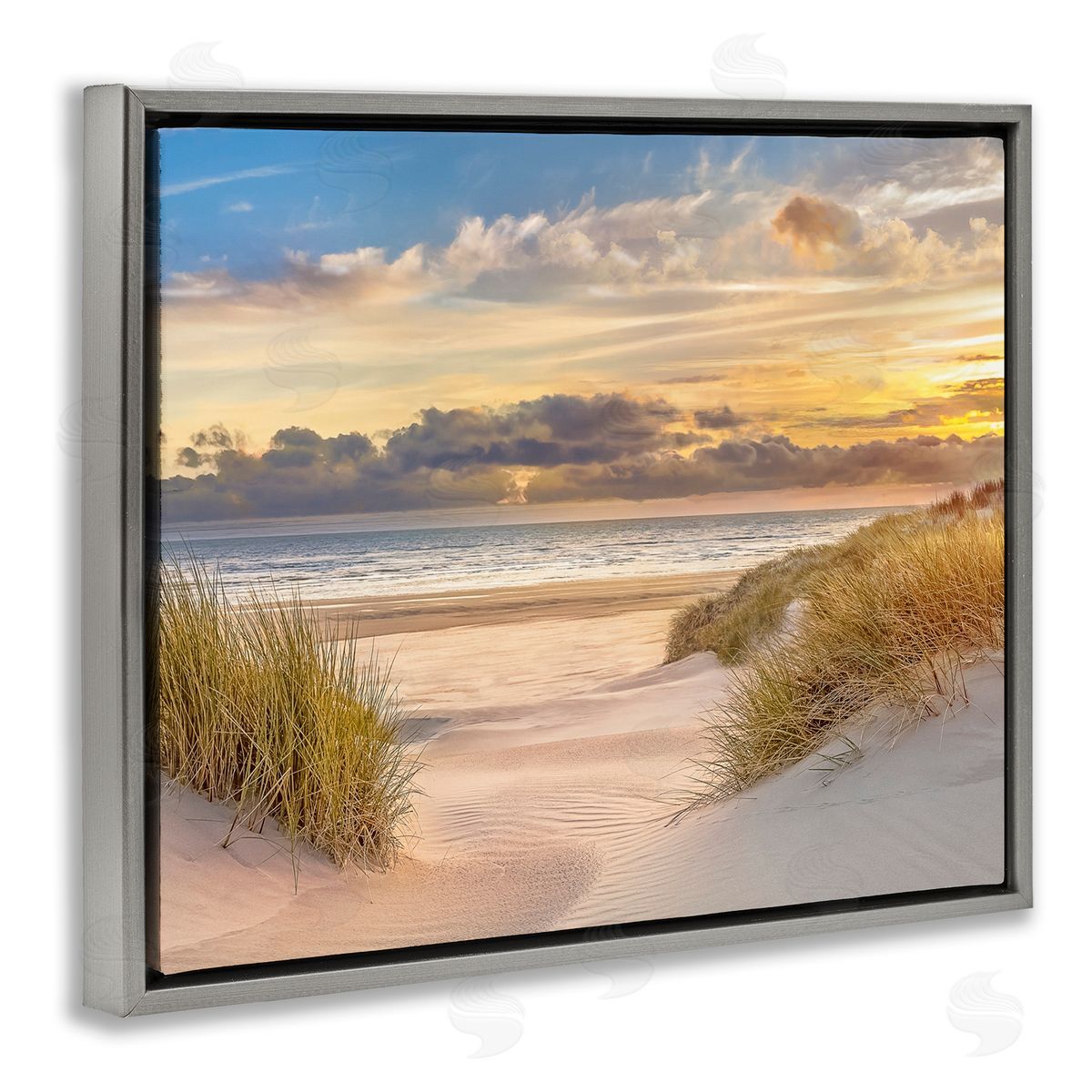 Serene Beach Between Dunes Grey Floating Frame Canvas Wall Art, Home Decor by Mike Calascibetta