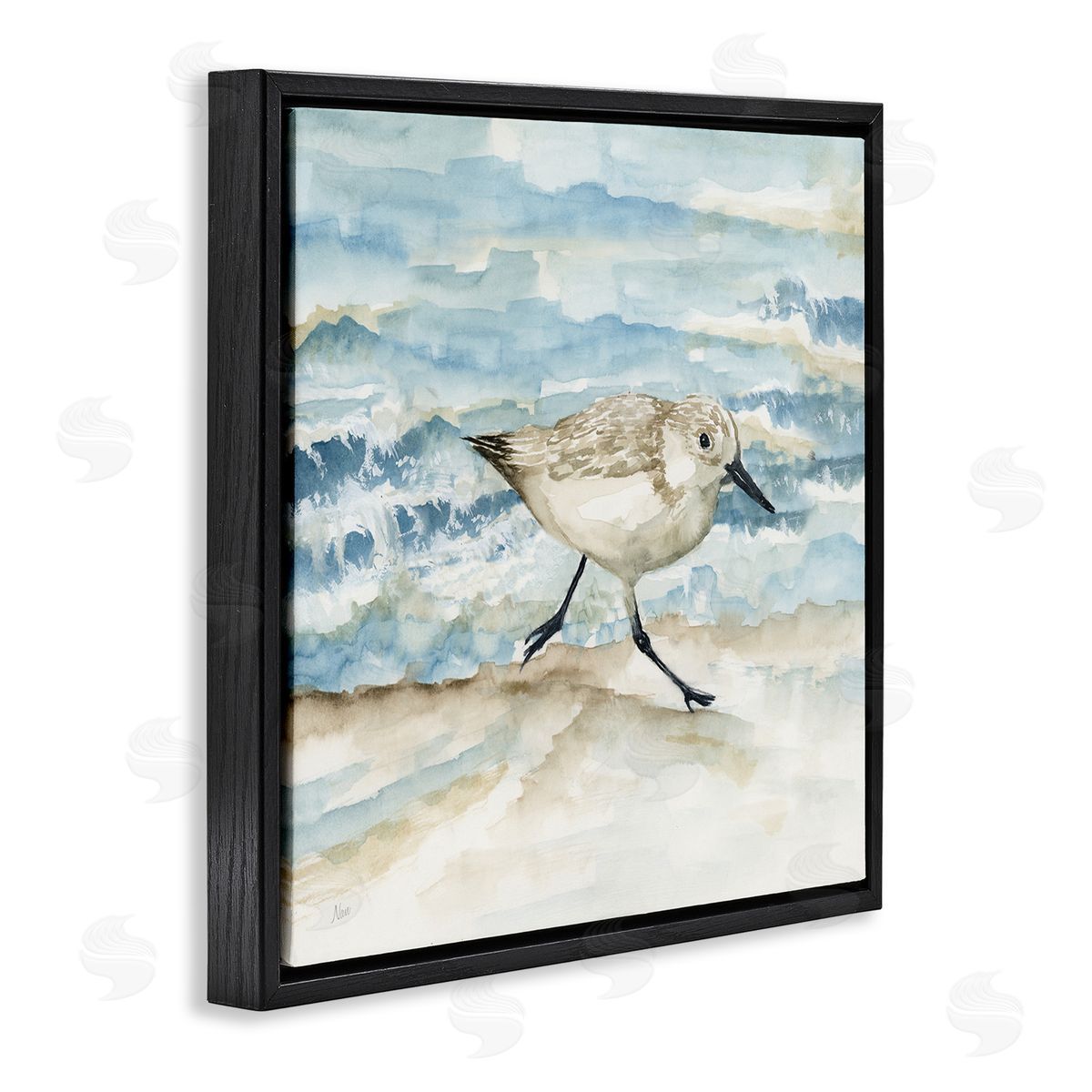 Sandpiper Striding Shore Black Floating Frame Canvas Wall Art, Home Decor by Nan
