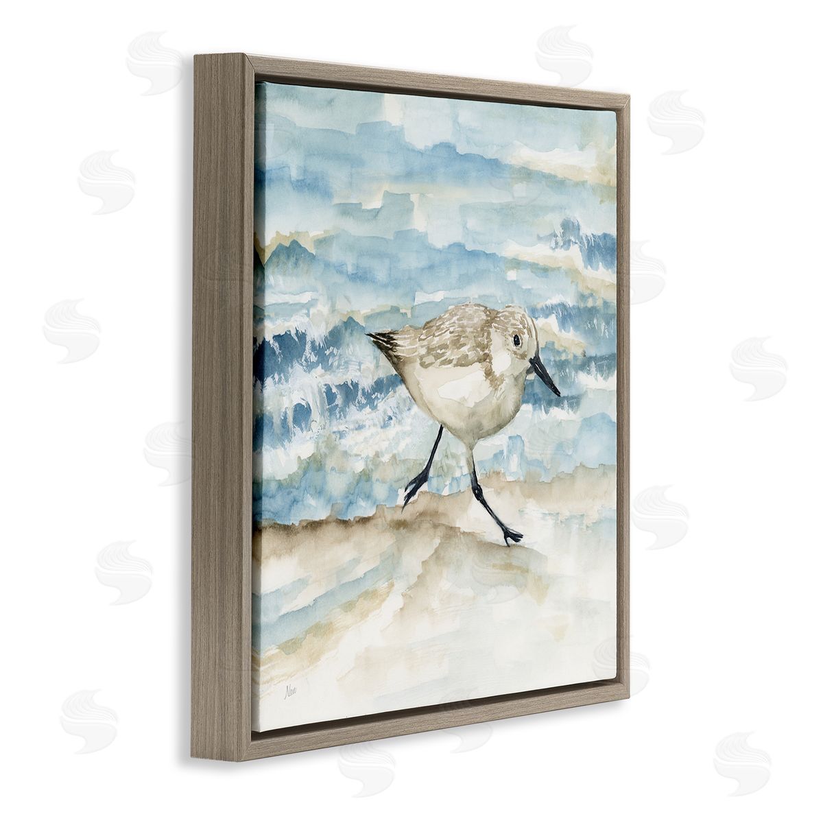 Sandpiper Striding Shore Brown Floating Frame Canvas Wall Art, Home Decor by Nan