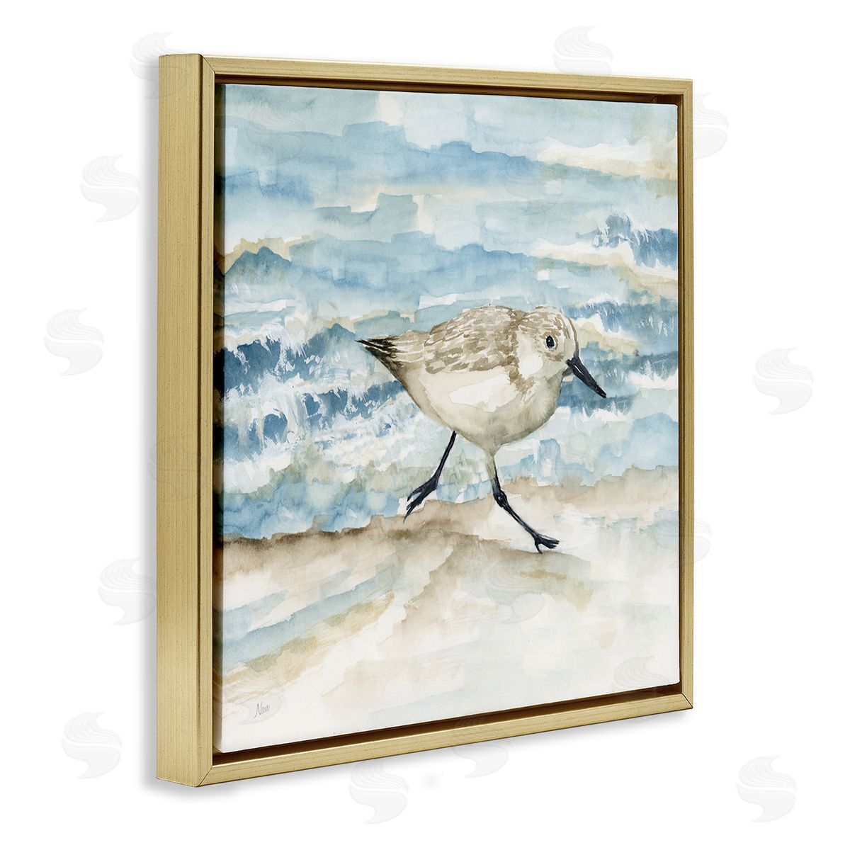 Sandpiper Striding Shore Gold Floating Frame Canvas Wall Art, Home Decor by Nan