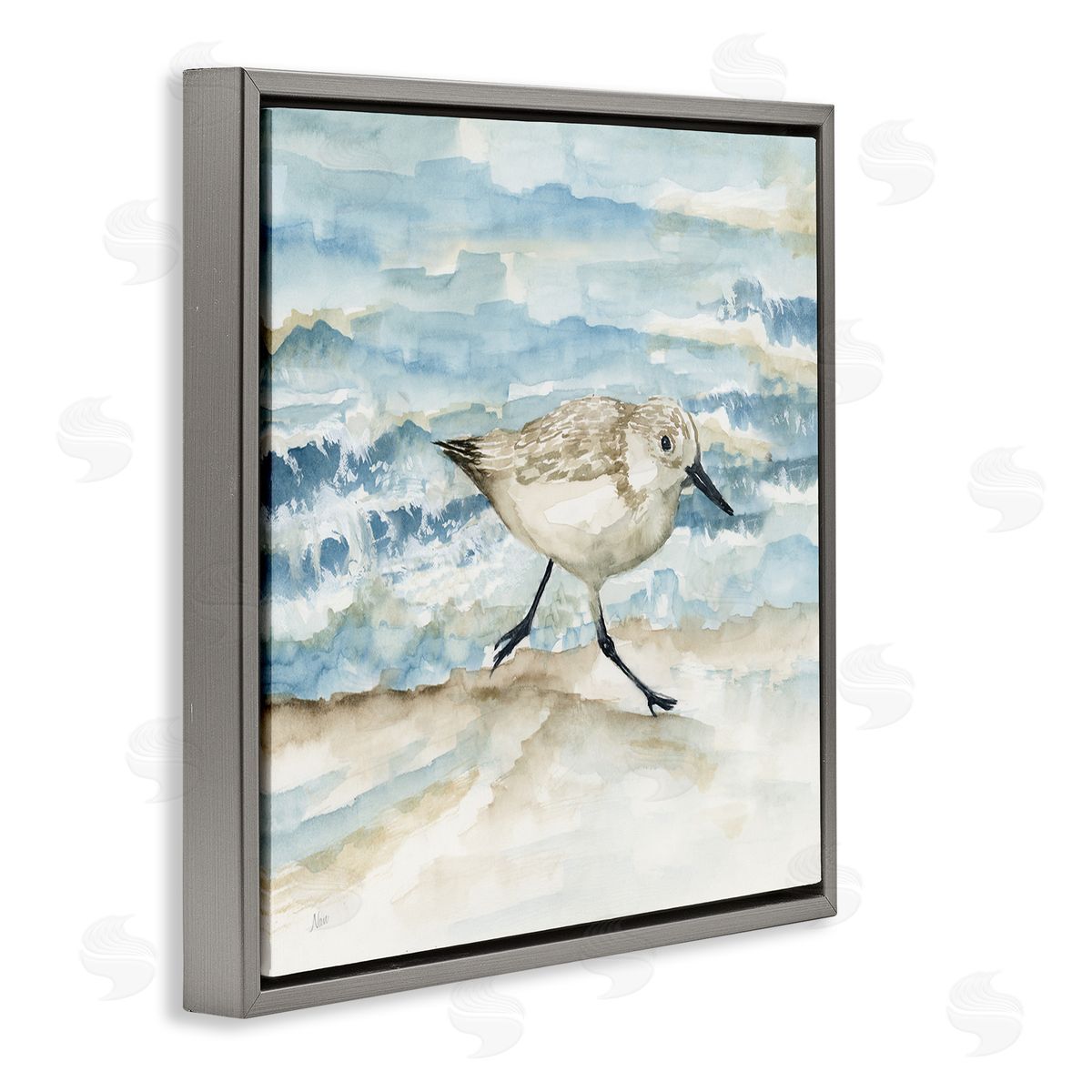 Sandpiper Striding Shore Grey Floating Frame Canvas Wall Art, Home Decor by Nan