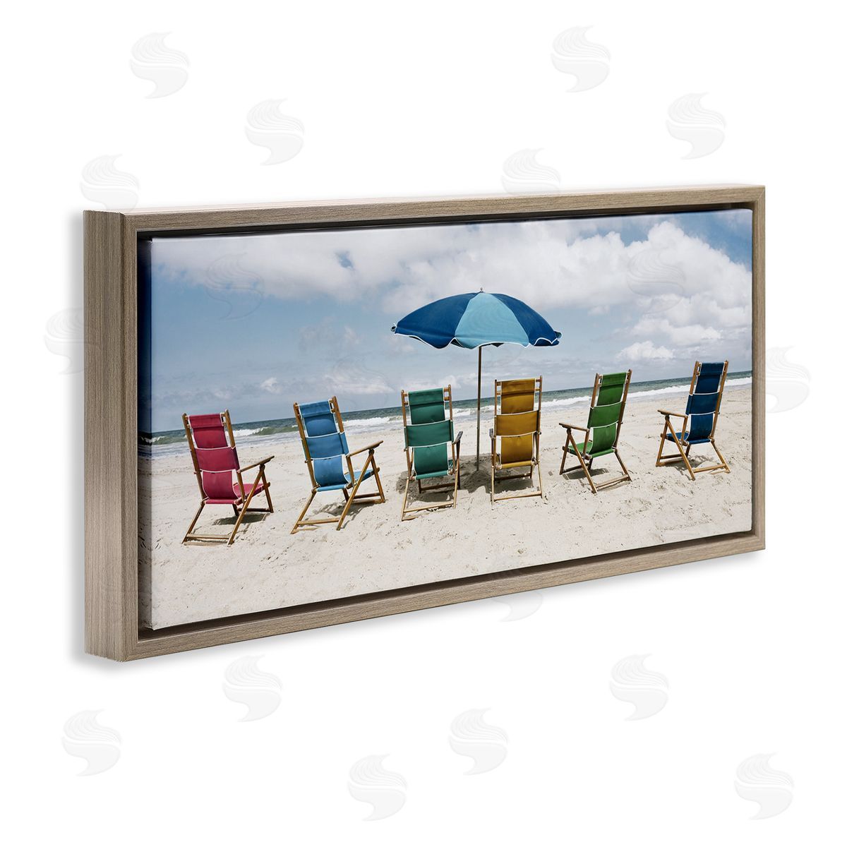 Colorful Beach Chairs Brown Floating Frame Canvas Wall Art, Home Decor by Natalie Carpentieri